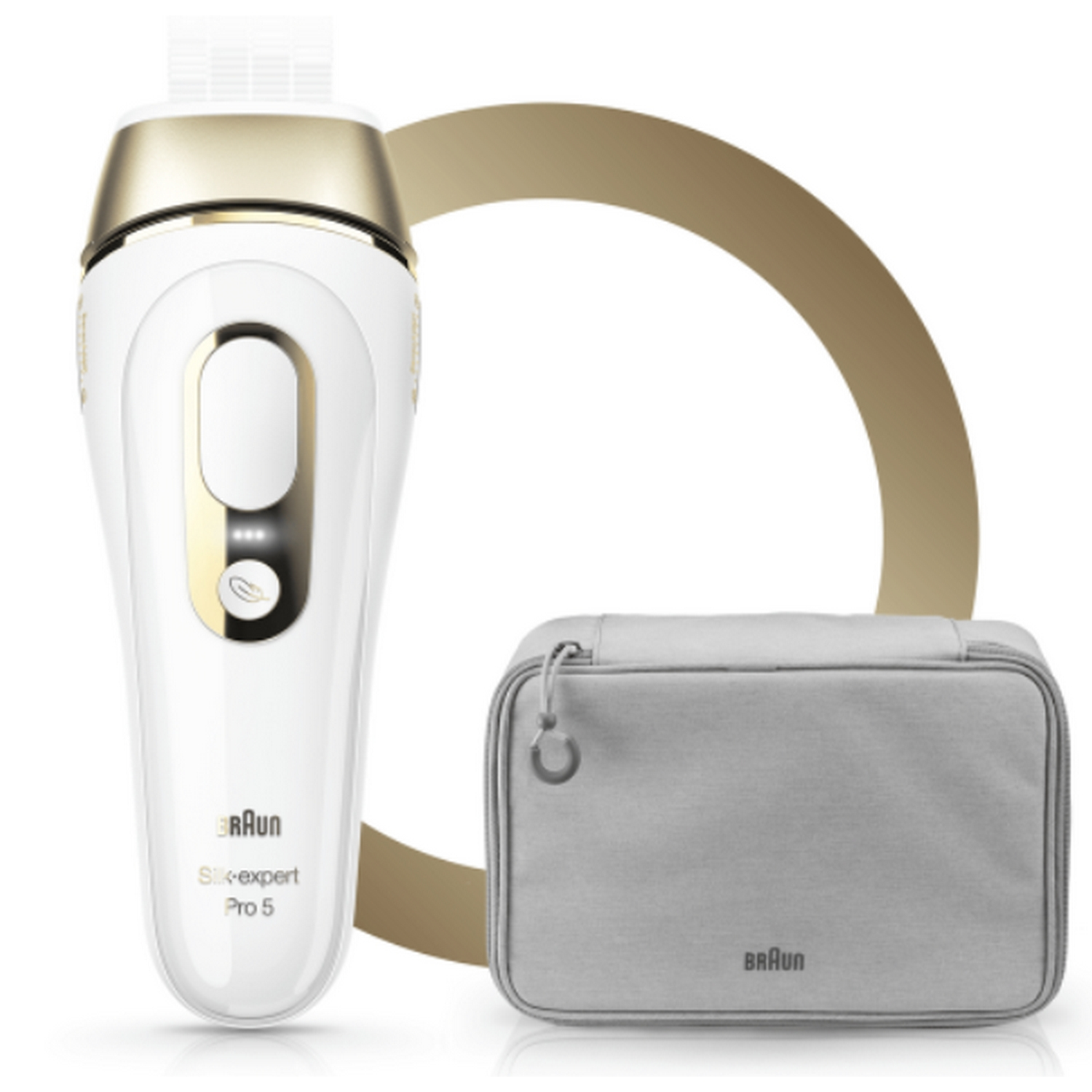 Dispositivo de depilación blanco y dorado con bolsa de viaje gris.