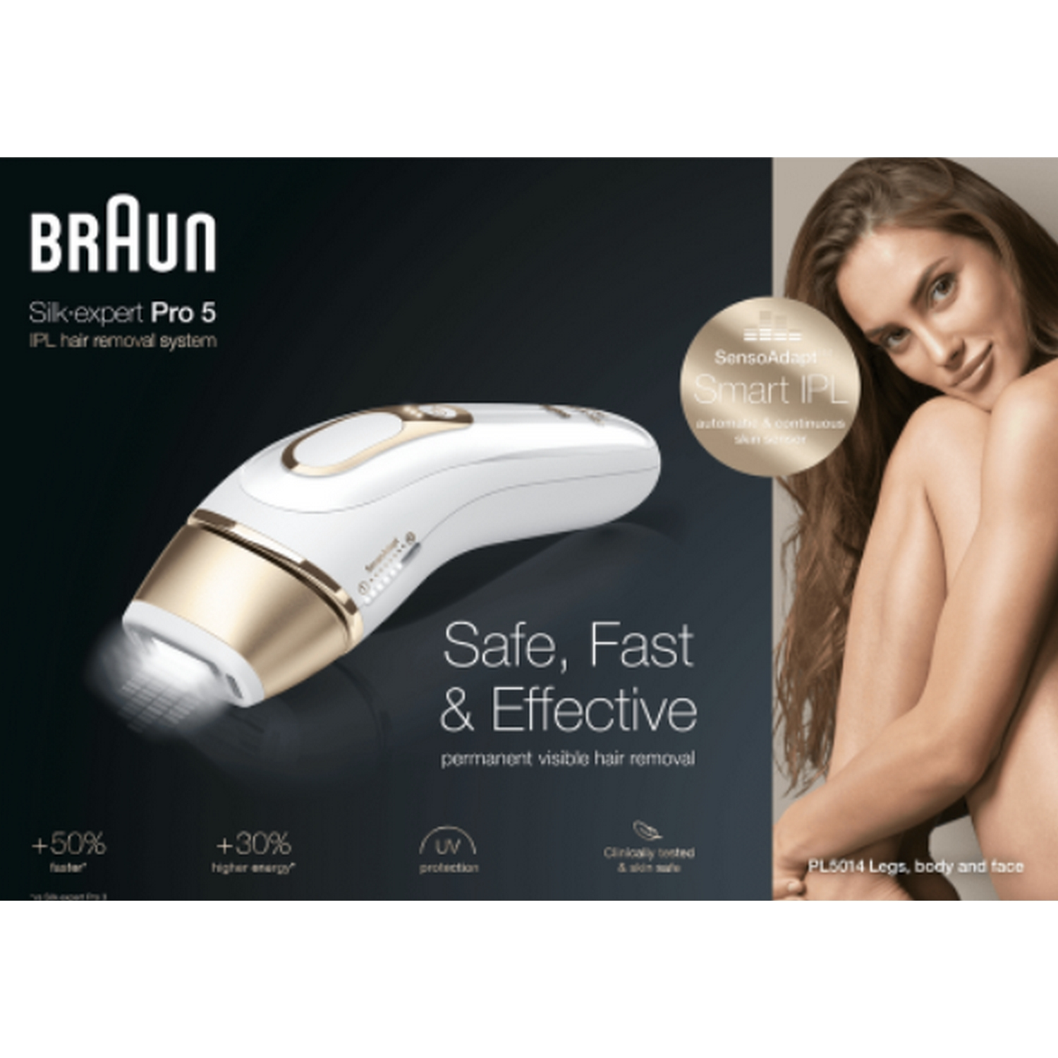 Mujer sosteniendo el sistema de depilación IPL Braun Silk-expert Pro 5. Dispositivo blanco y dorado. Seguro, rápido y eficaz.