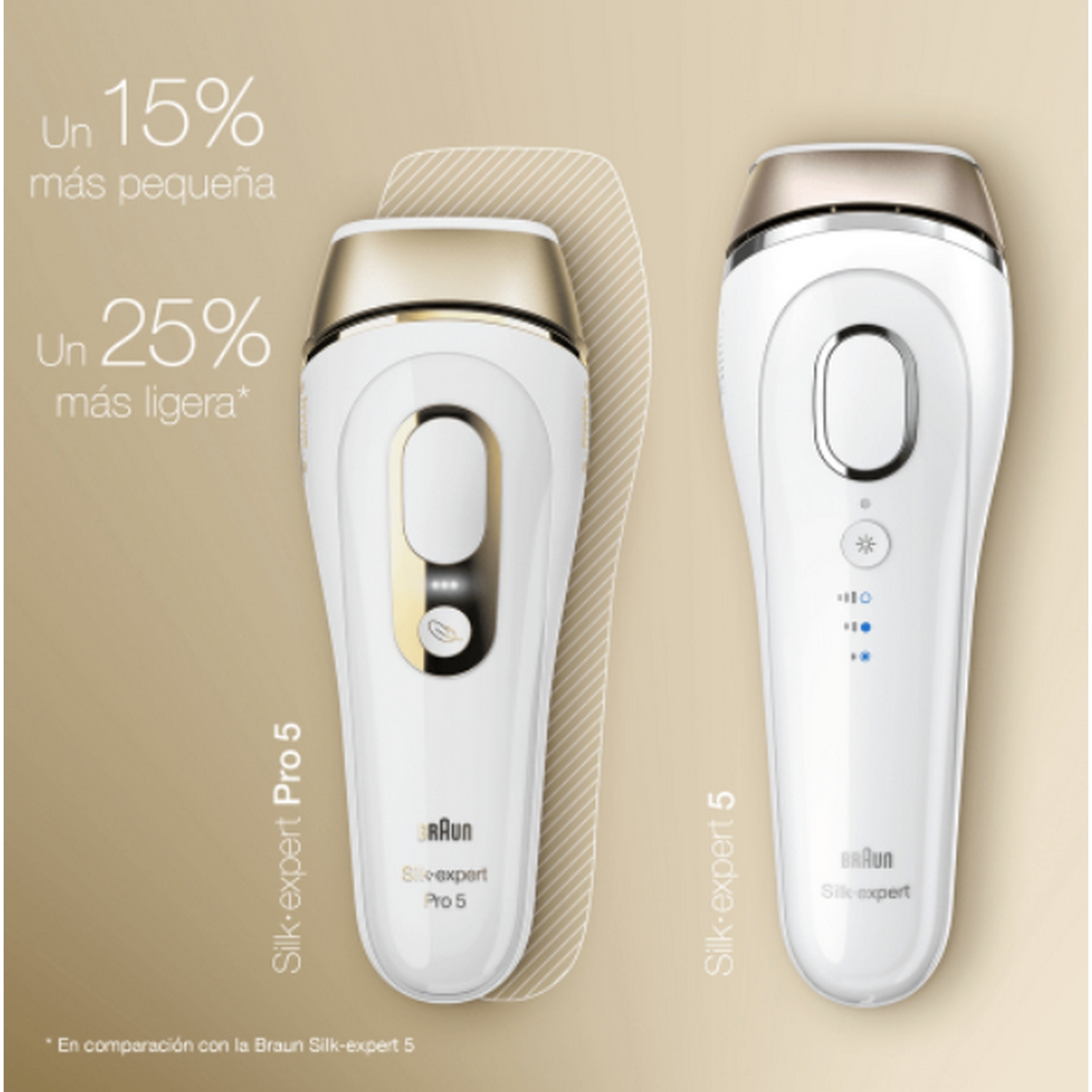 Dos depiladoras blancas y doradas; una Silk-expert Pro 5.