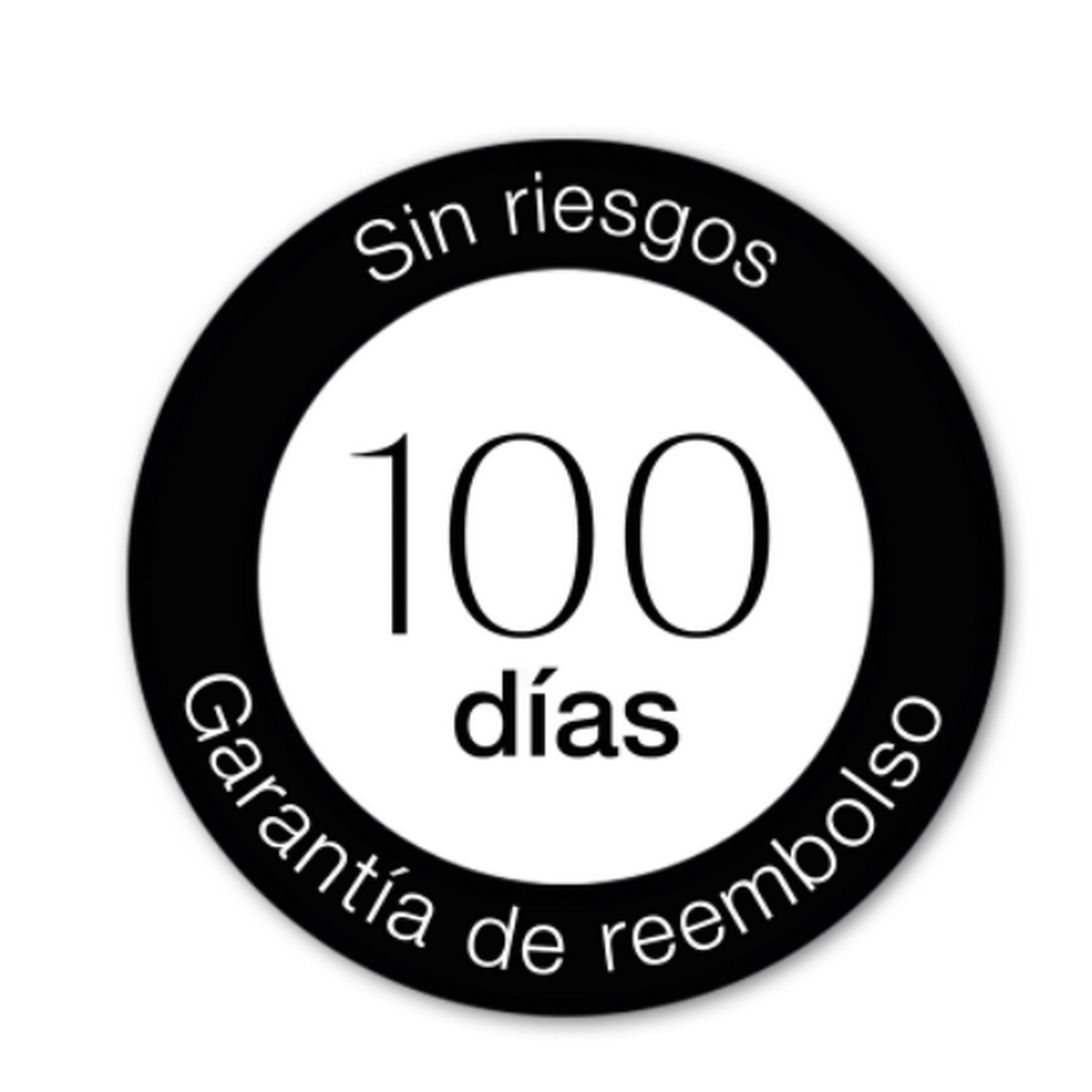 Etiqueta circular: Sin riesgos, 100 días, Garantía de reembolso, blanco y negro.
