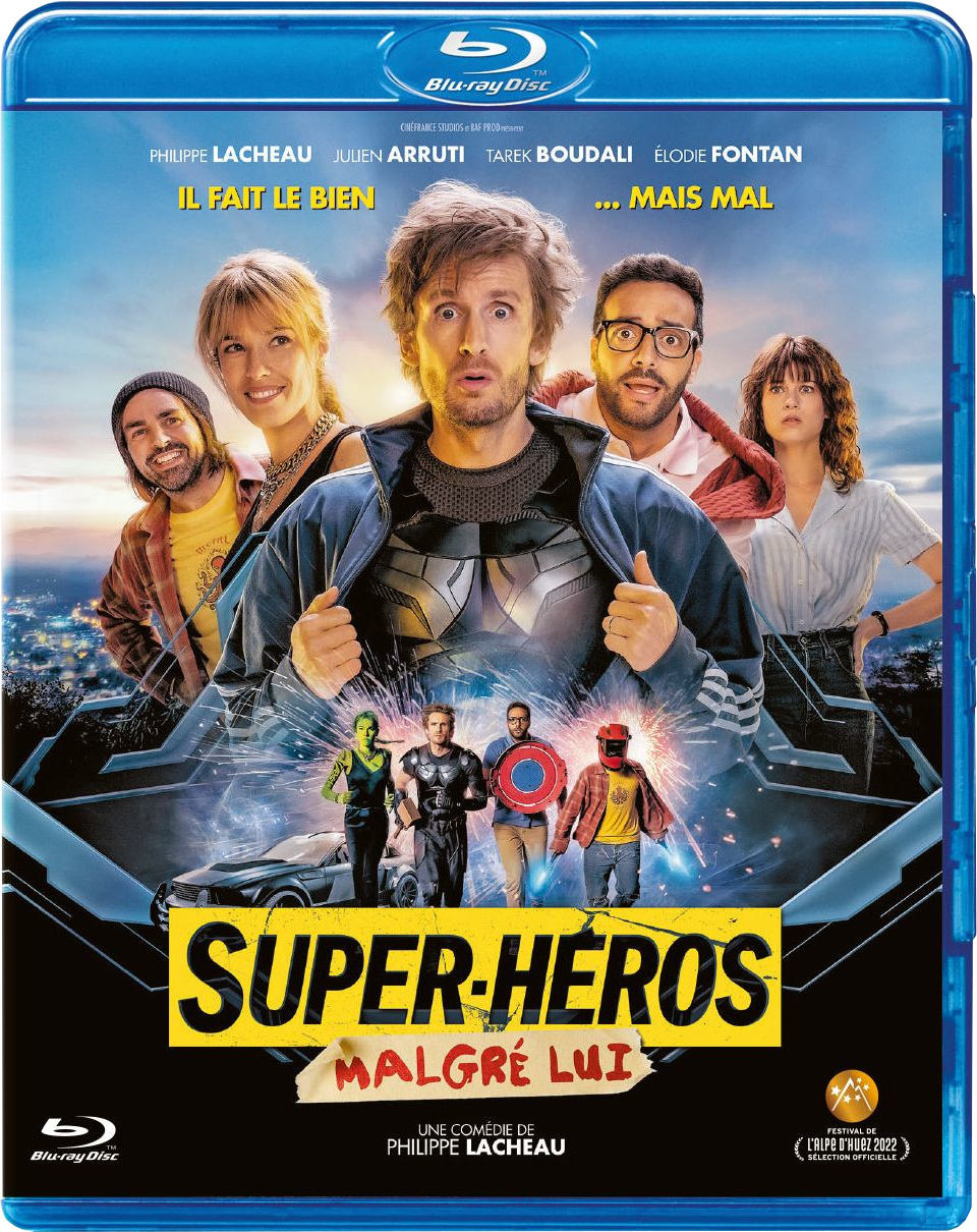 Une affiche de film. Une couverture bleue avec un groupe de personnes en façade. Le titre est en jaune.