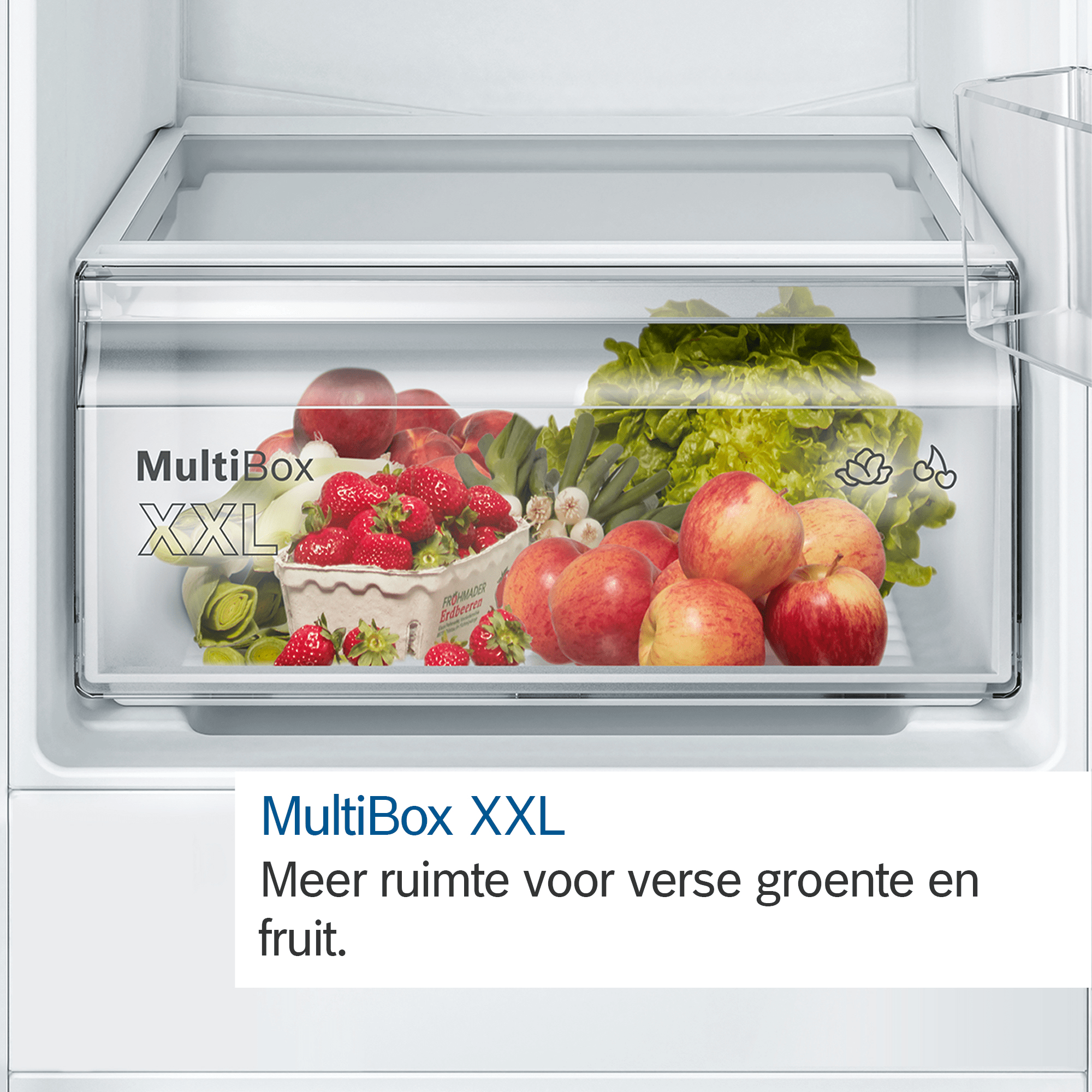 In een koelkast is een lade gevuld met aardbeien, appels en sla. De lade heeft een MultiBox XXL label.