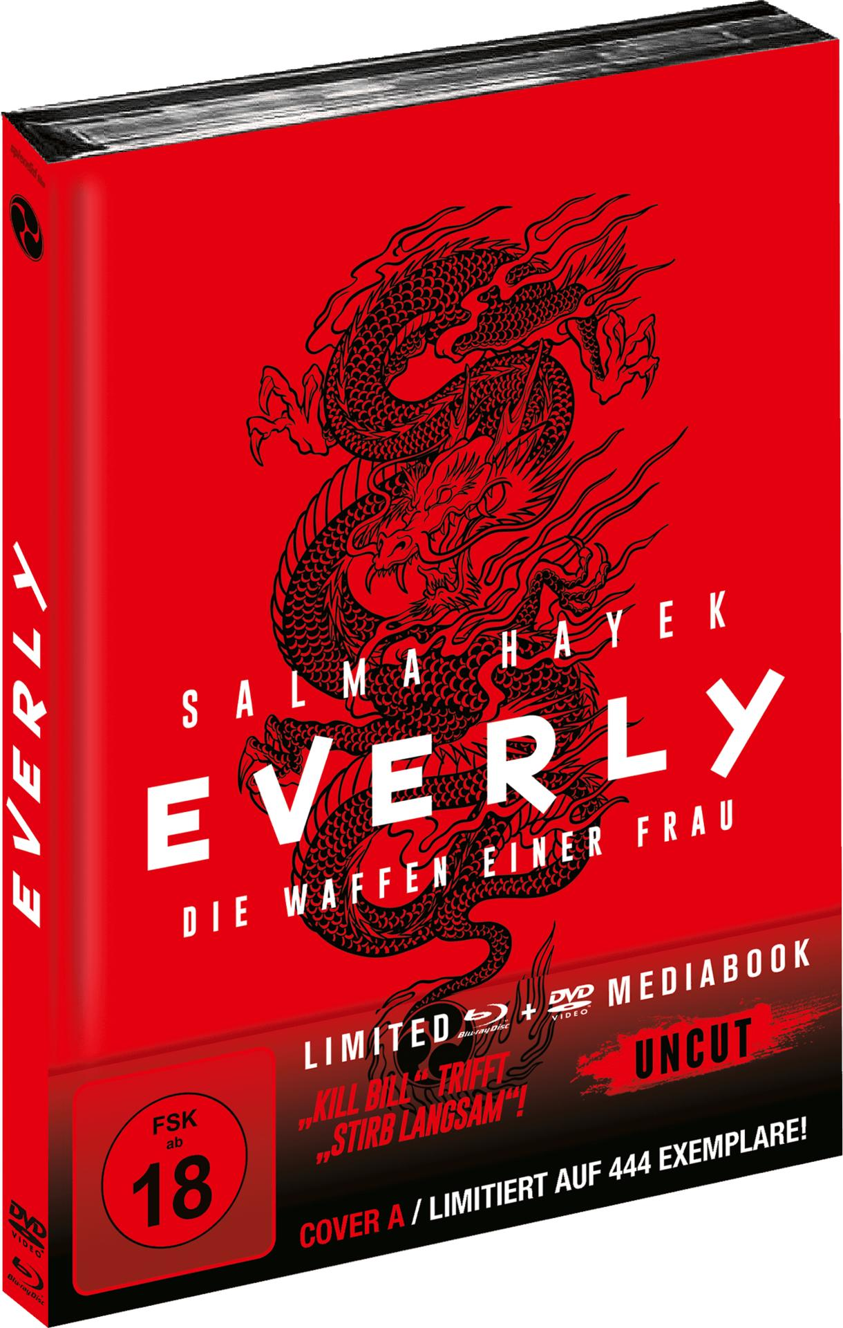 DVD-Hülle mit Salma Hayek auf dem Cover. Der Titel ist Everly. Der Hintergrund ist rot mit einem Drachen.