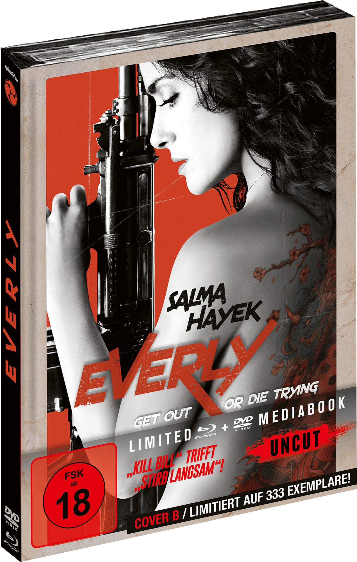 DVD-Hülle. Salma Hayek ist auf dem Cover und hält eine Waffe. Text: 'EVERLY' und 'UNCUT'.