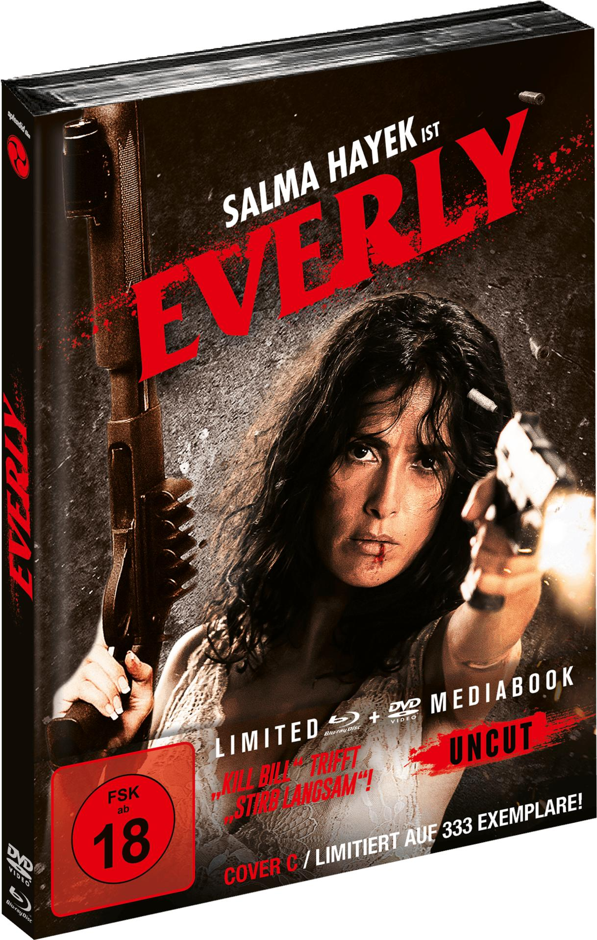DVD-Cover mit Salma Hayek, die eine Pistole und eine Schrotflinte hält.