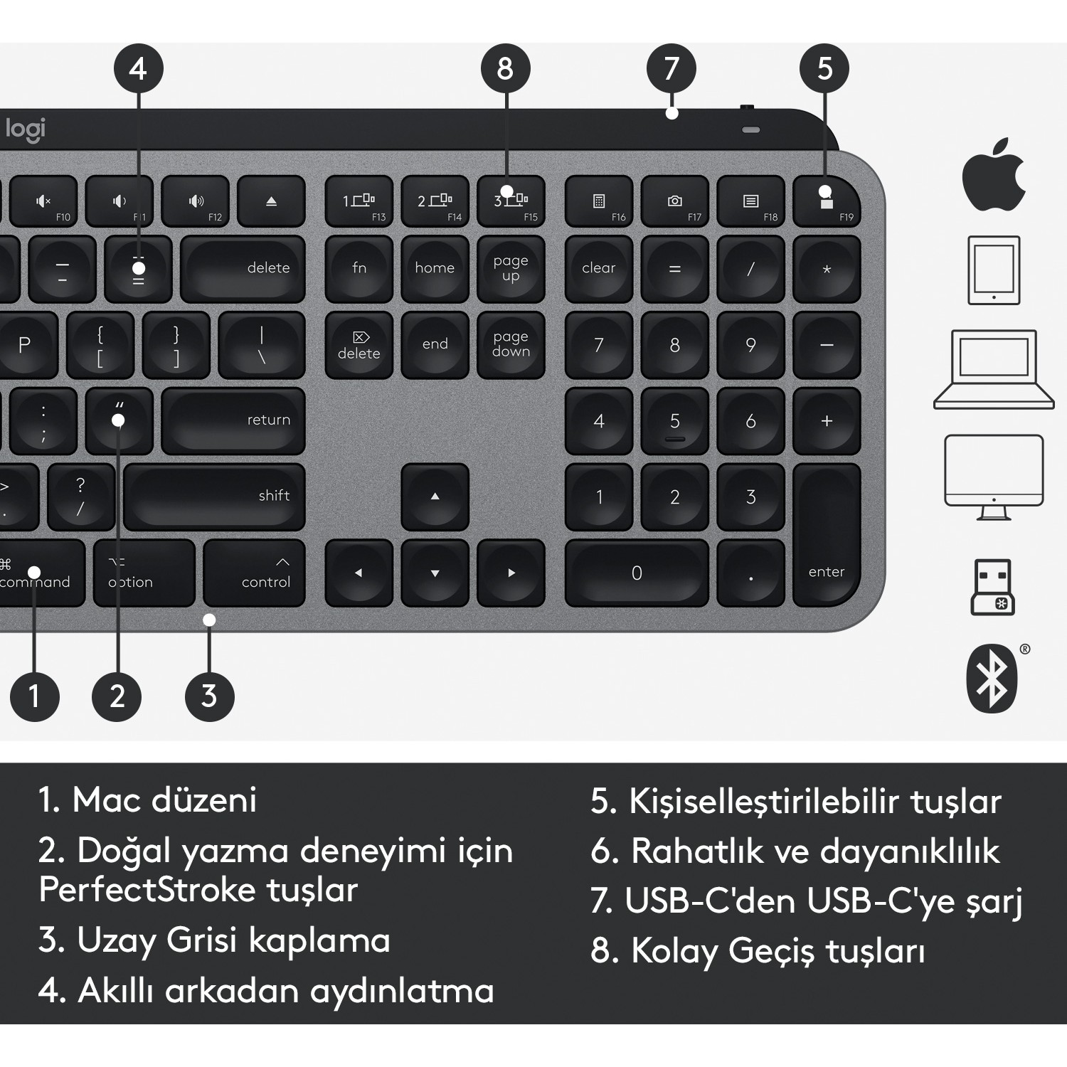Mac düzenine sahip gri bir Apple klavyesinin yakın çekimi. Klavyede fonksiyon tuşları var.
