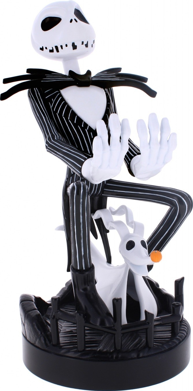 Statuina di Jack Skellington in abito gessato, mani in alto, accanto a Zero, il cane fantasma.