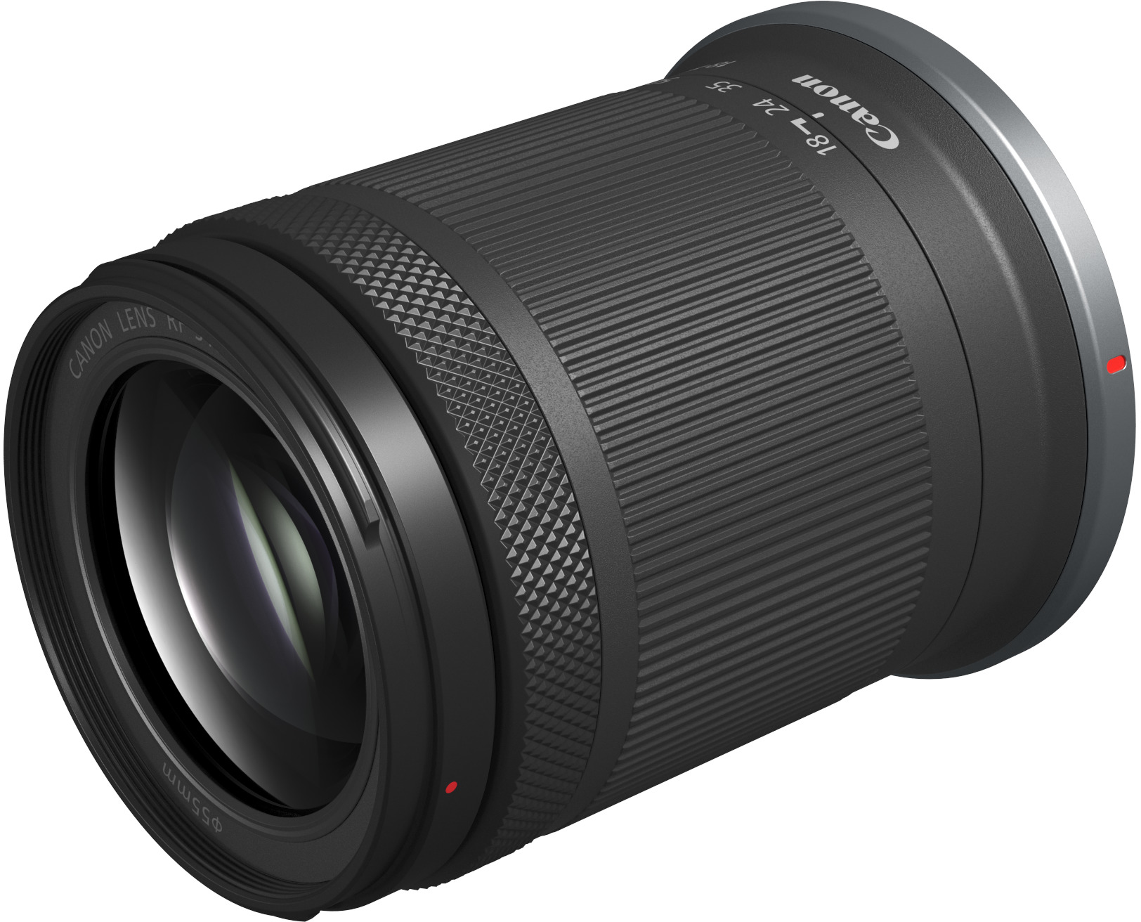 Canon-Objektiv, schwarz, mit Fokus- und Zoomringen, auf schwarzem Hintergrund.