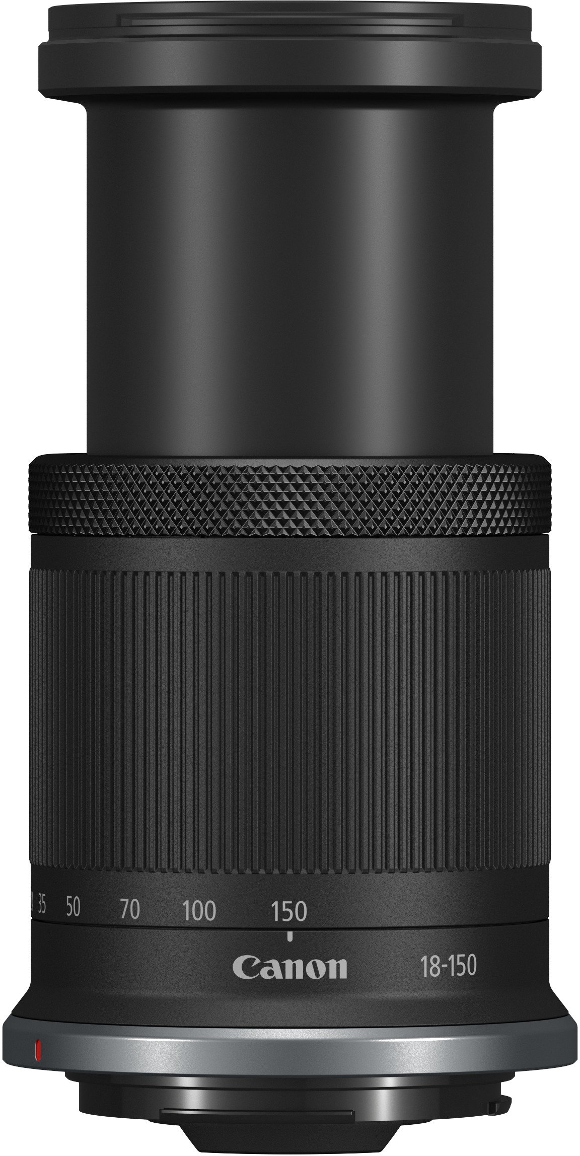 Schwarzes Canon-Objektiv. Das Objektiv hat einen geriffelten Fokusring und Canon-Markenzeichen. Weißer Hintergrund.