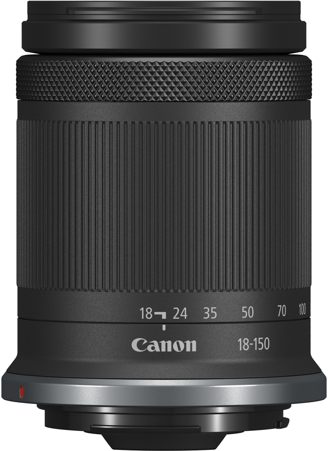 Canon 18-150mm Objektiv mit Brennweitenbeschriftung. Es ist schwarz mit geriffeltem Griff.