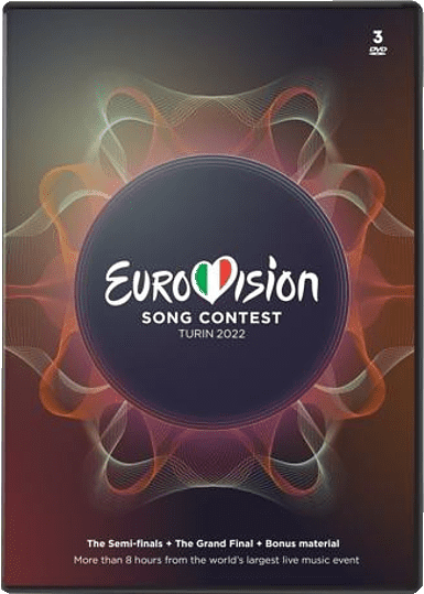 Boîtier DVD avec le logo du Concours Eurovision de la Chanson Turin 2022. Le boîtier est noir avec des accents orange et rouge.
