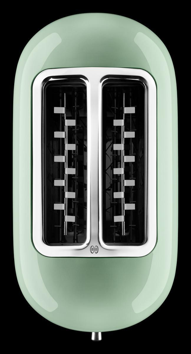 Ein mintgrüner Toaster, von oben gesehen, hat zwei Schlitze für Brot. Das chromähnliche Finish umgibt die Schlitze.