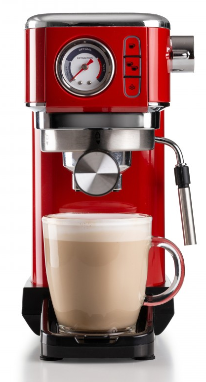 Piros eszpresszó gép egy üvegpohárral. A csésze latte-val van tele. Egy tárcsa látható.