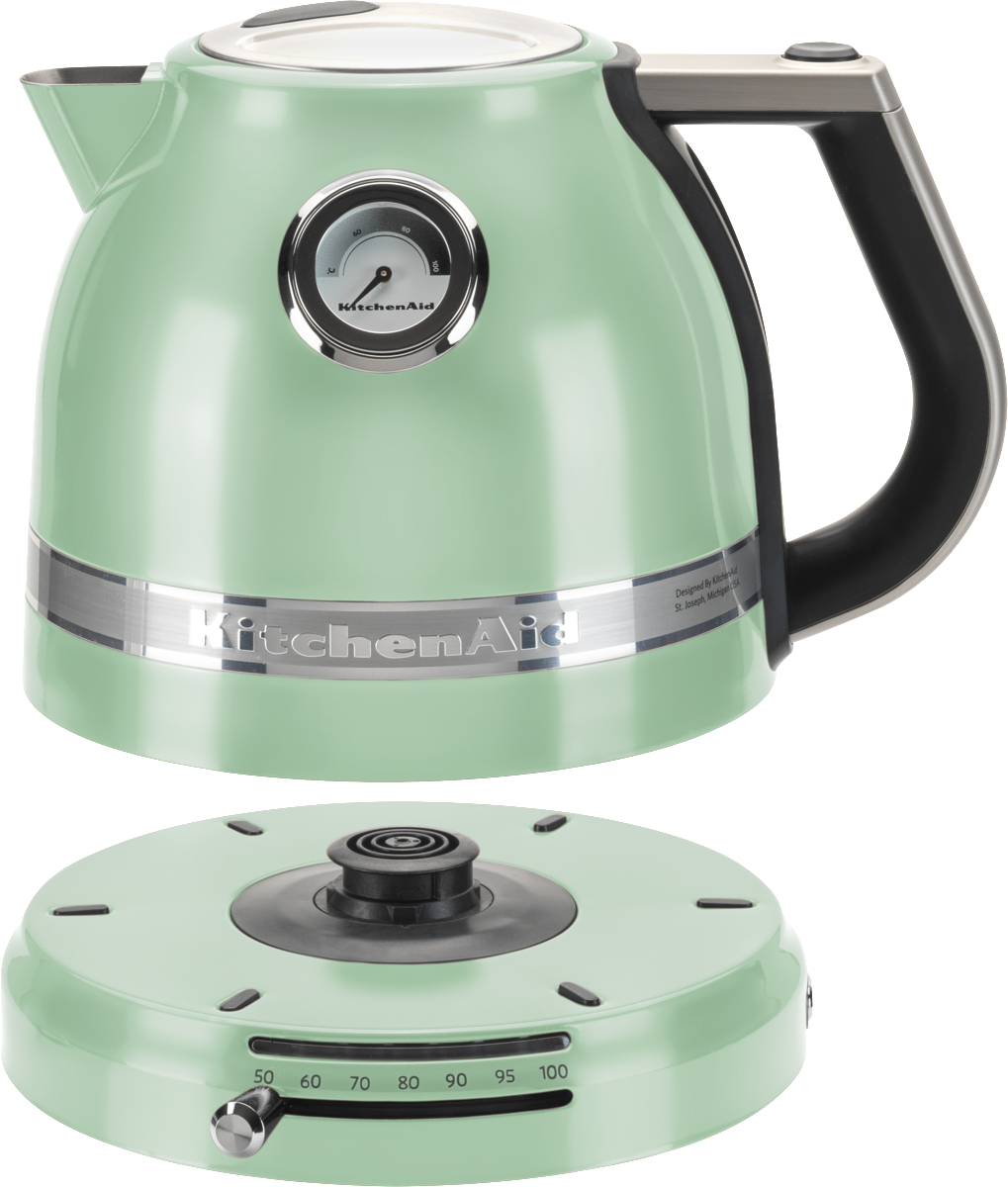 Minzgrüner Wasserkocher mit Basis. Silberakzente, Temperaturanzeige, schwarzer Griff.