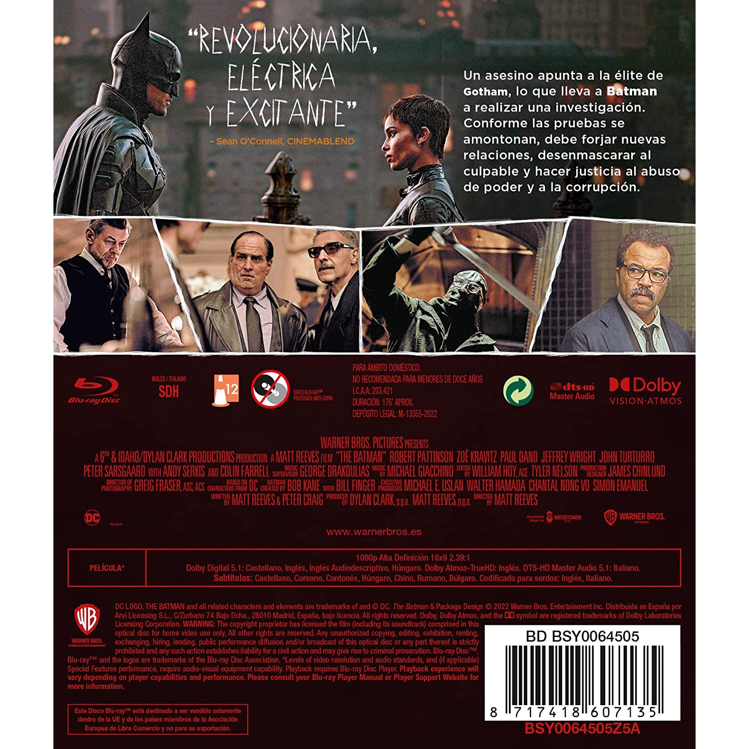 Parte trasera de una caja de película con actores y citas en español.