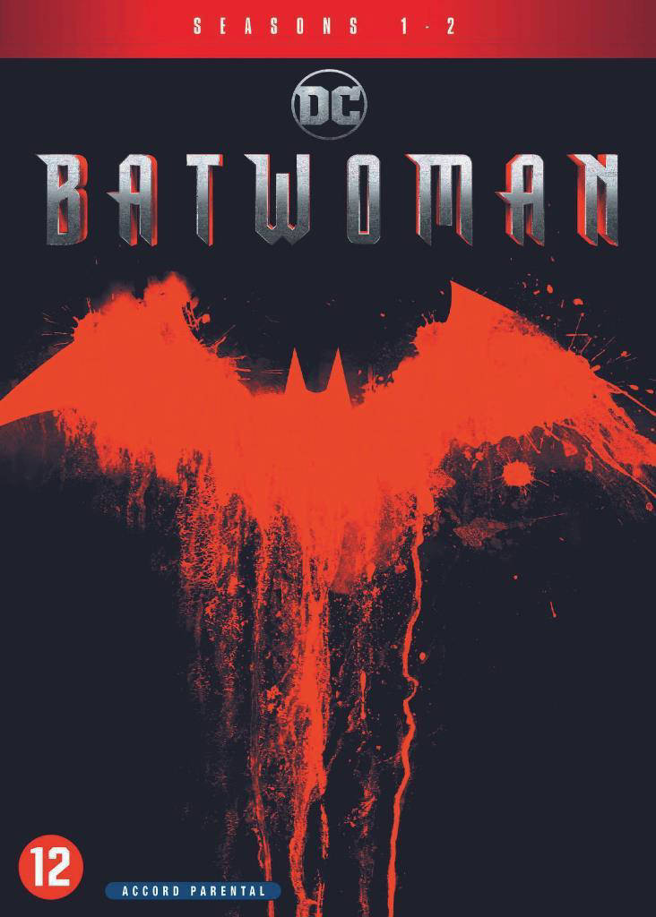 Couverture du DVD Batwoman. Symbole de chauve-souris rouge avec éclaboussures de sang sur fond noir. Saisons 1-2.