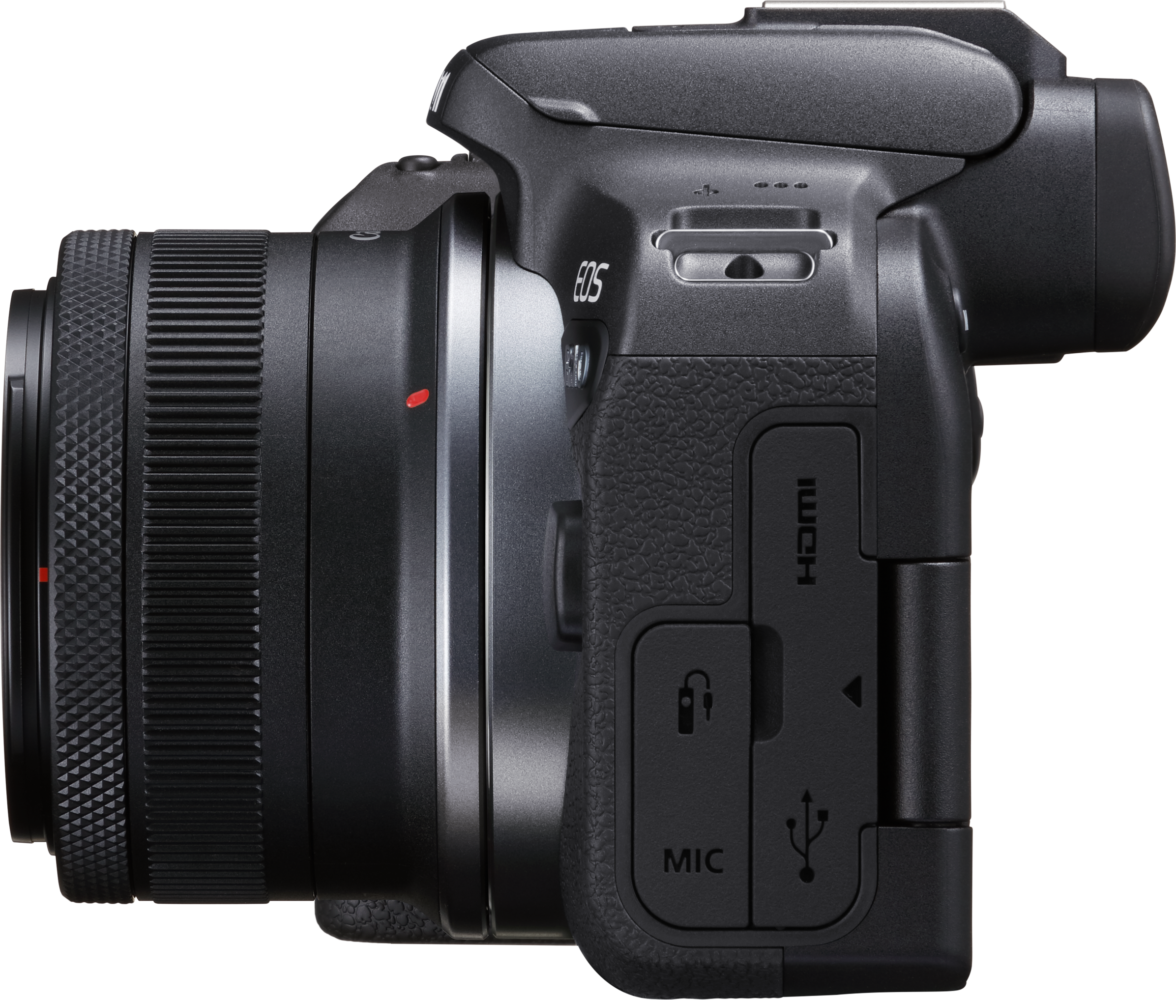 Schwarze Canon EOS Kamera, Seitenansicht. Objektiv, Knöpfe und Anschlüsse sichtbar. Dunkler Hintergrund.