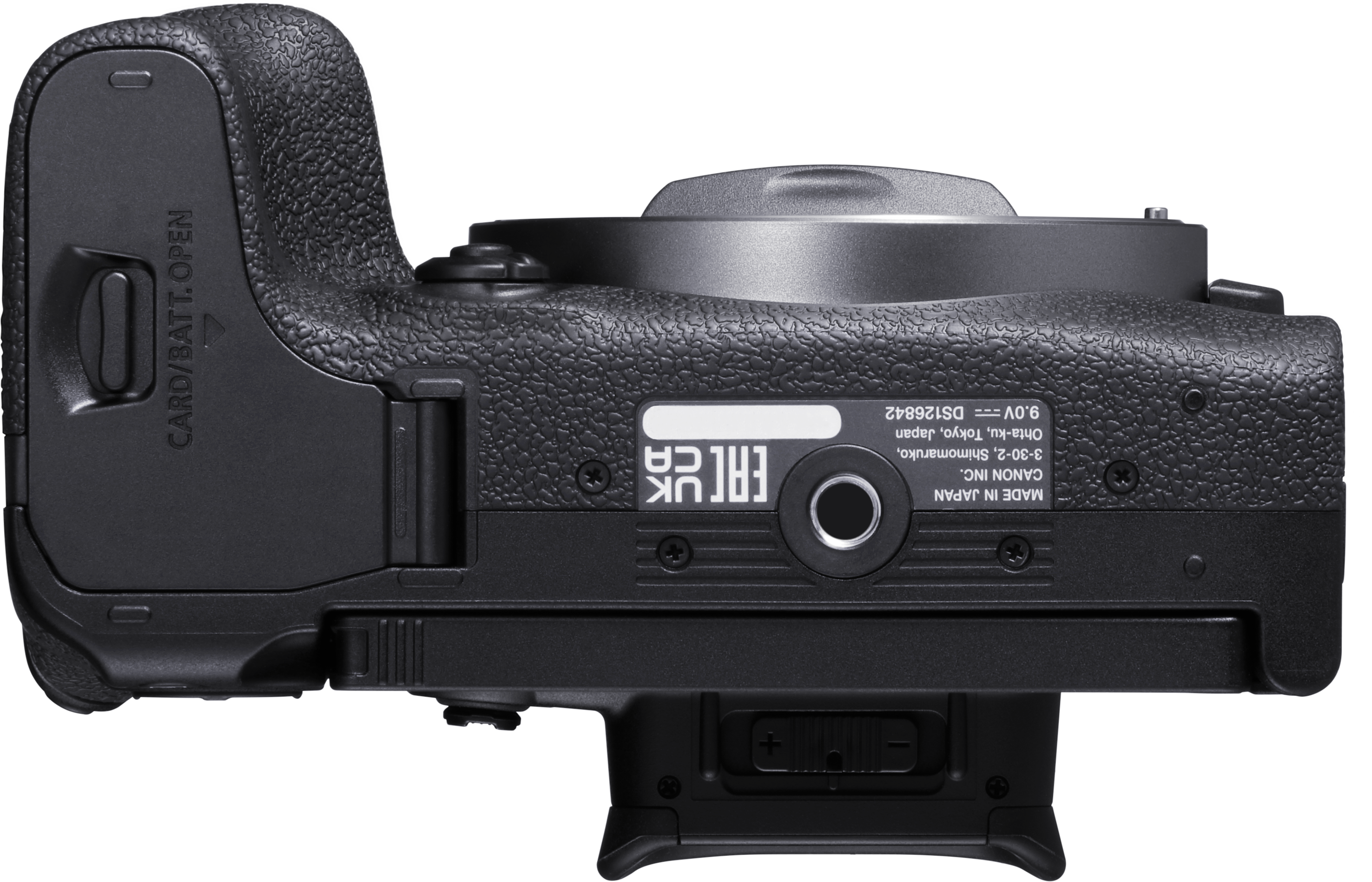 Canon-Kamera, Draufsicht, zeigt die offene Karten-/Batterieklappe und andere Details.