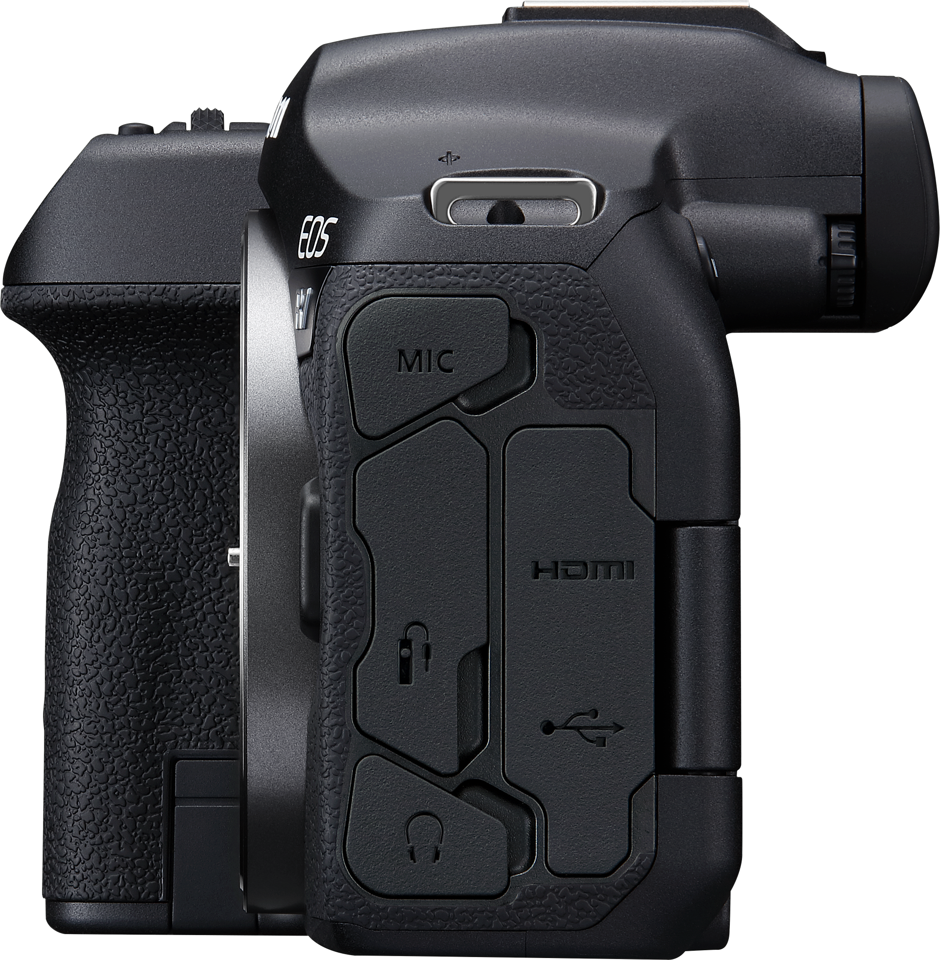 Eine schwarze Canon EOS Kamera Seitenansicht, mit sichtbaren Knöpfen und Anschlüssen.