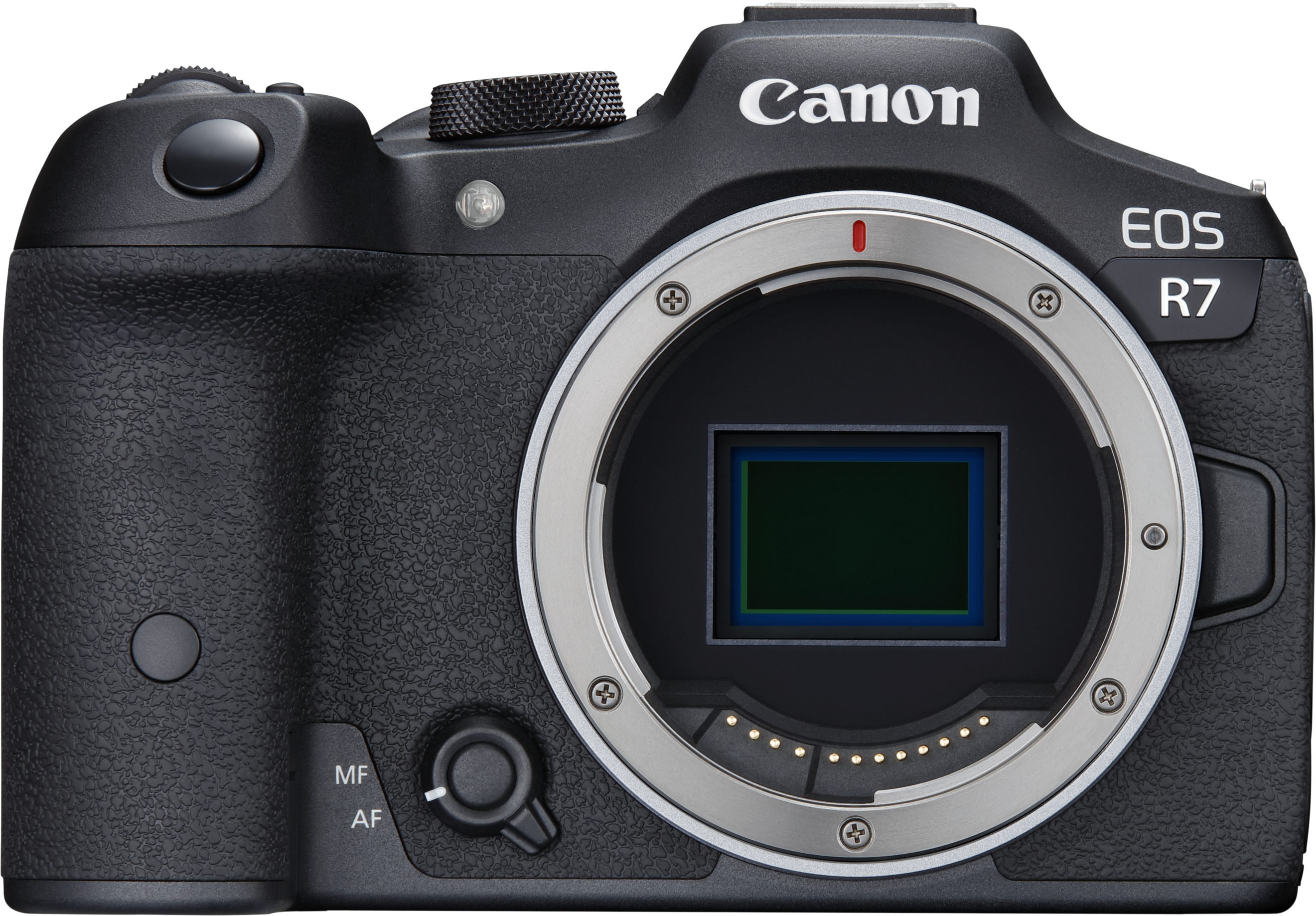 Schwarze Canon EOS R7 Kamera mit Objektivanschluss. Canon-Logo oben, Knöpfe sichtbar.