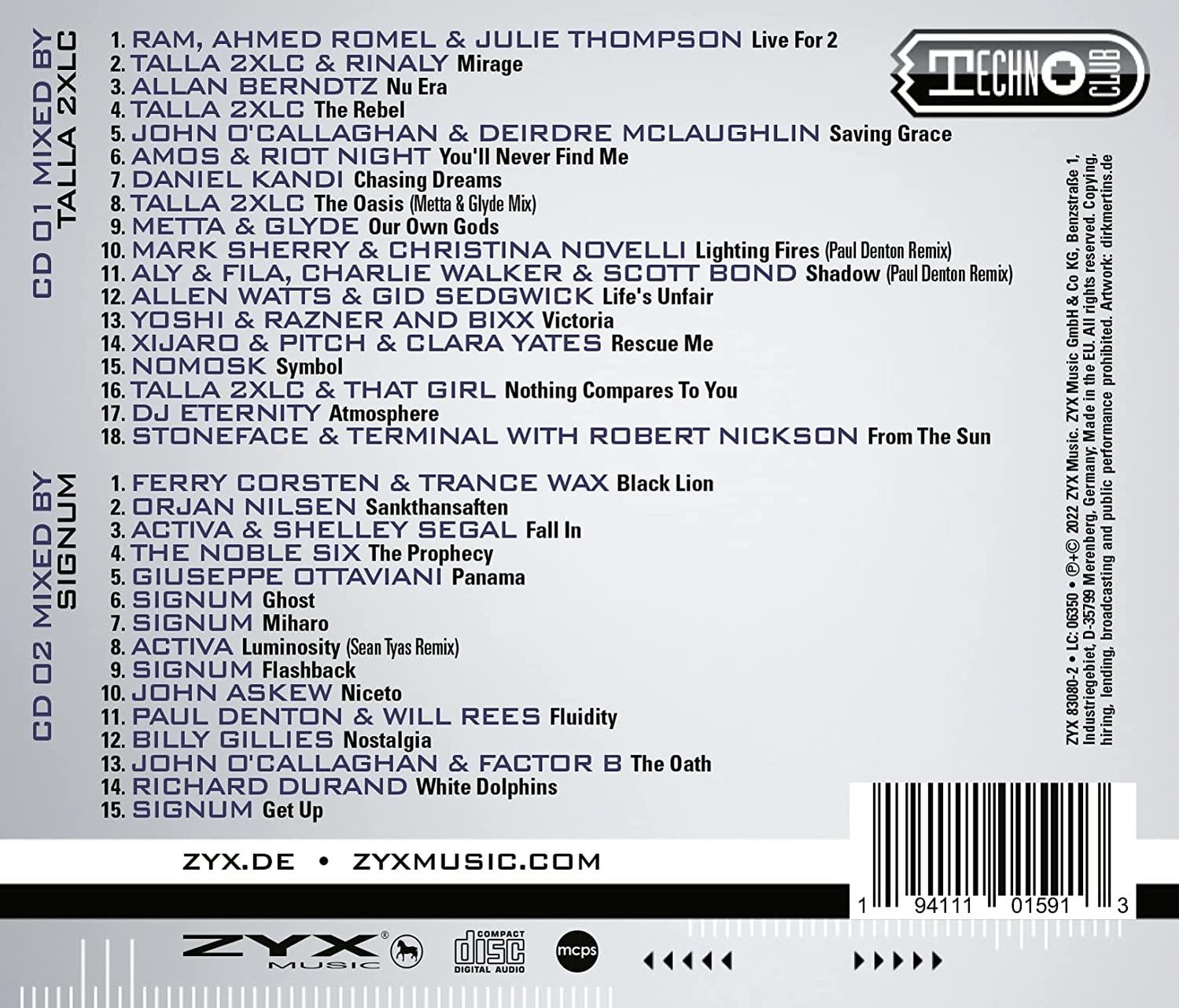 Albumcover mit Titelliste. Schwarzer Hintergrund mit Text in verschiedenen Farben und einem Logo.