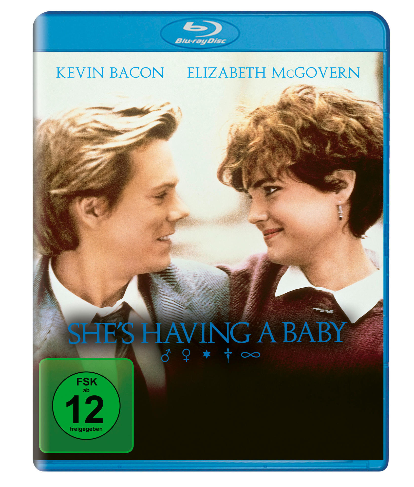 Filmcover: She's Having a Baby. Ein Paar schaut sich an. Blauer Umschlag.