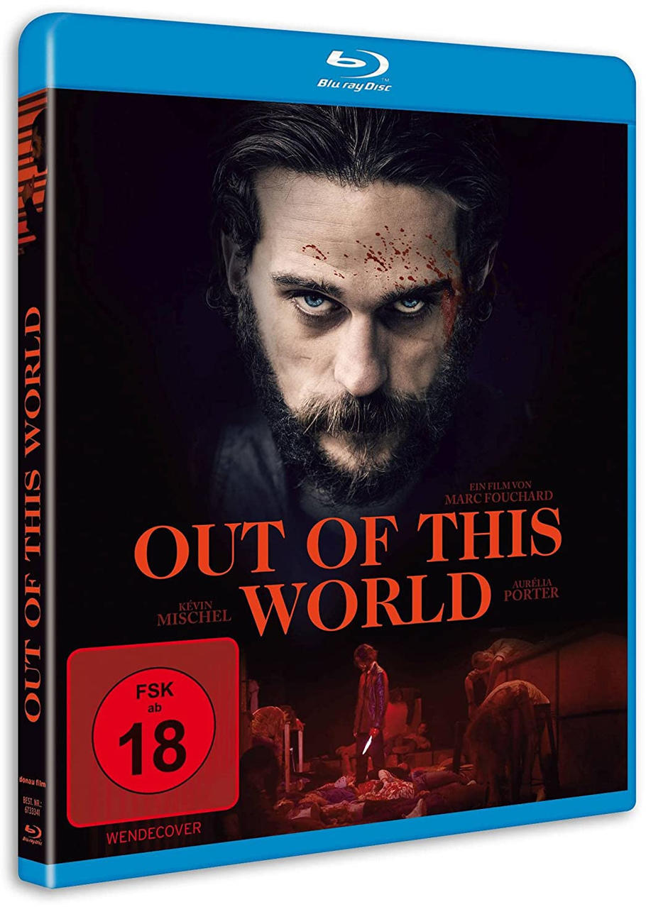Ein Film-Blu-ray-Cover mit einem Männergesicht und dem Titel 'OUT OF THIS WORLD'.