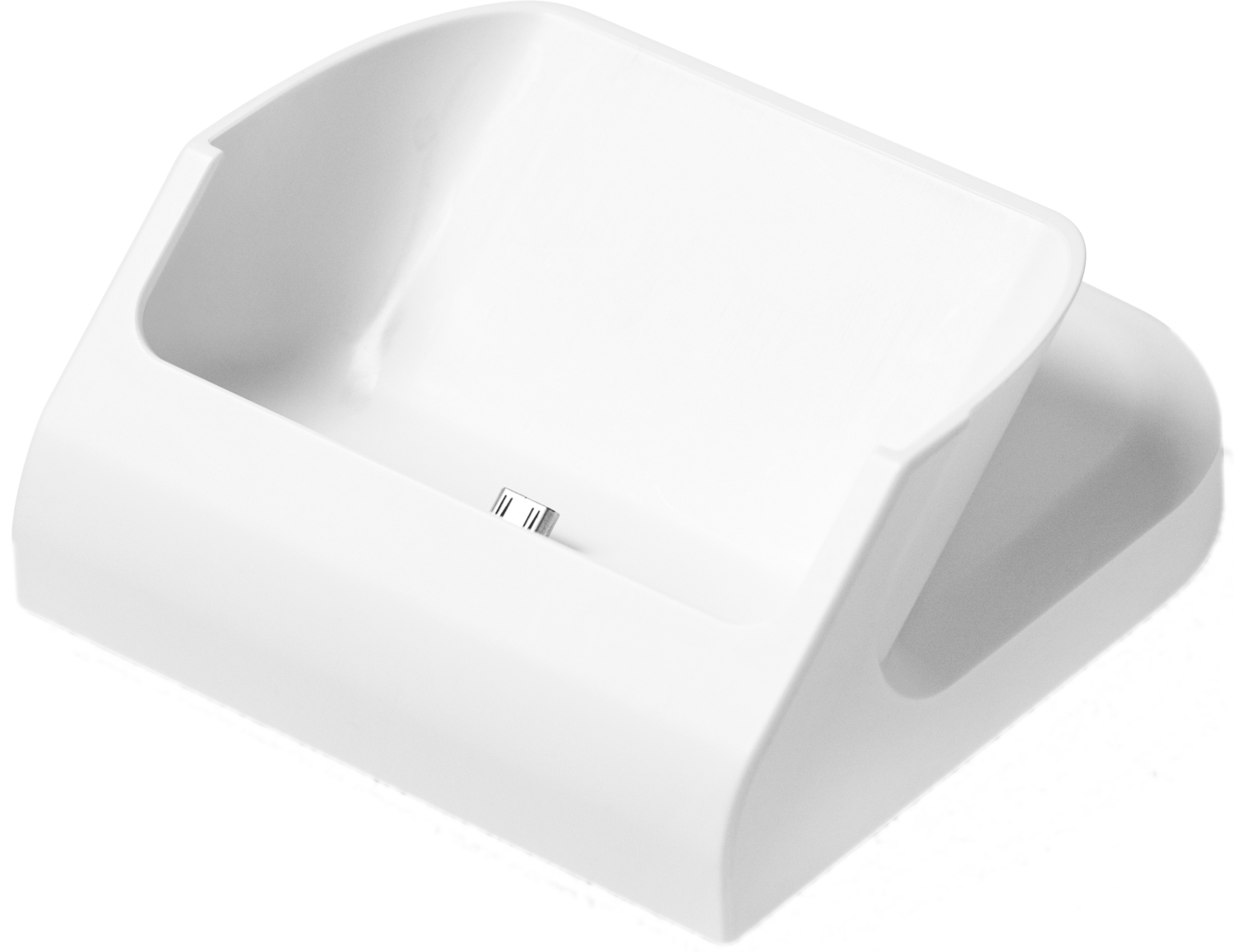 Witte telefoon oplaaddock op zwarte achtergrond.