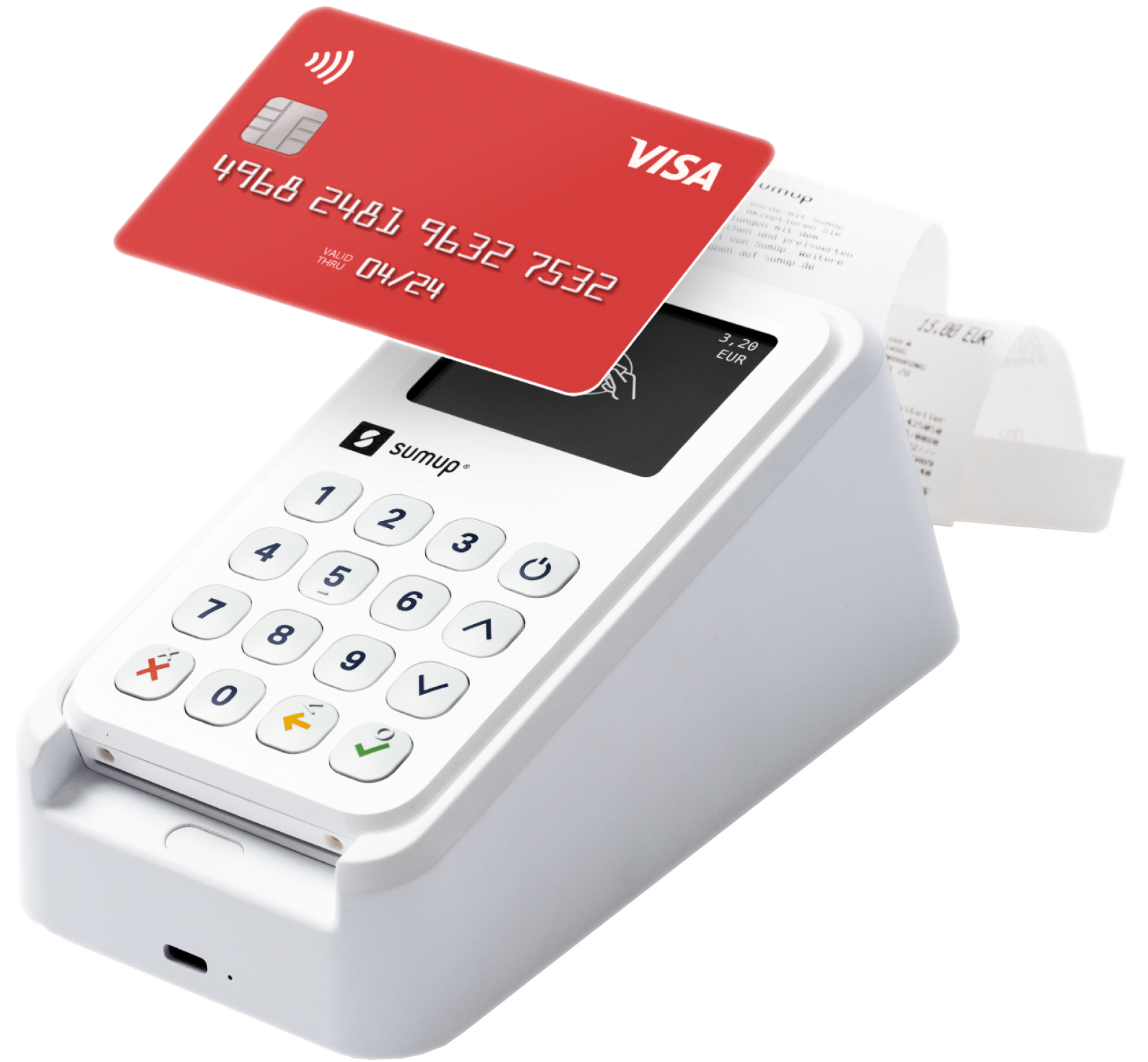 Un appareil SumUp blanc avec une carte Visa rouge dessus et un reçu. Numéros sur la carte.