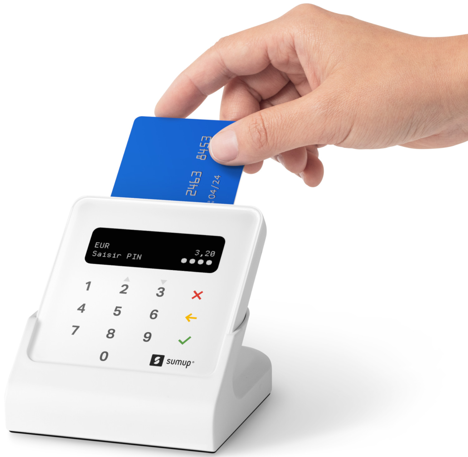 Main insérant carte bleue dans terminal blanc. Écran : 'Saisir PIN'.