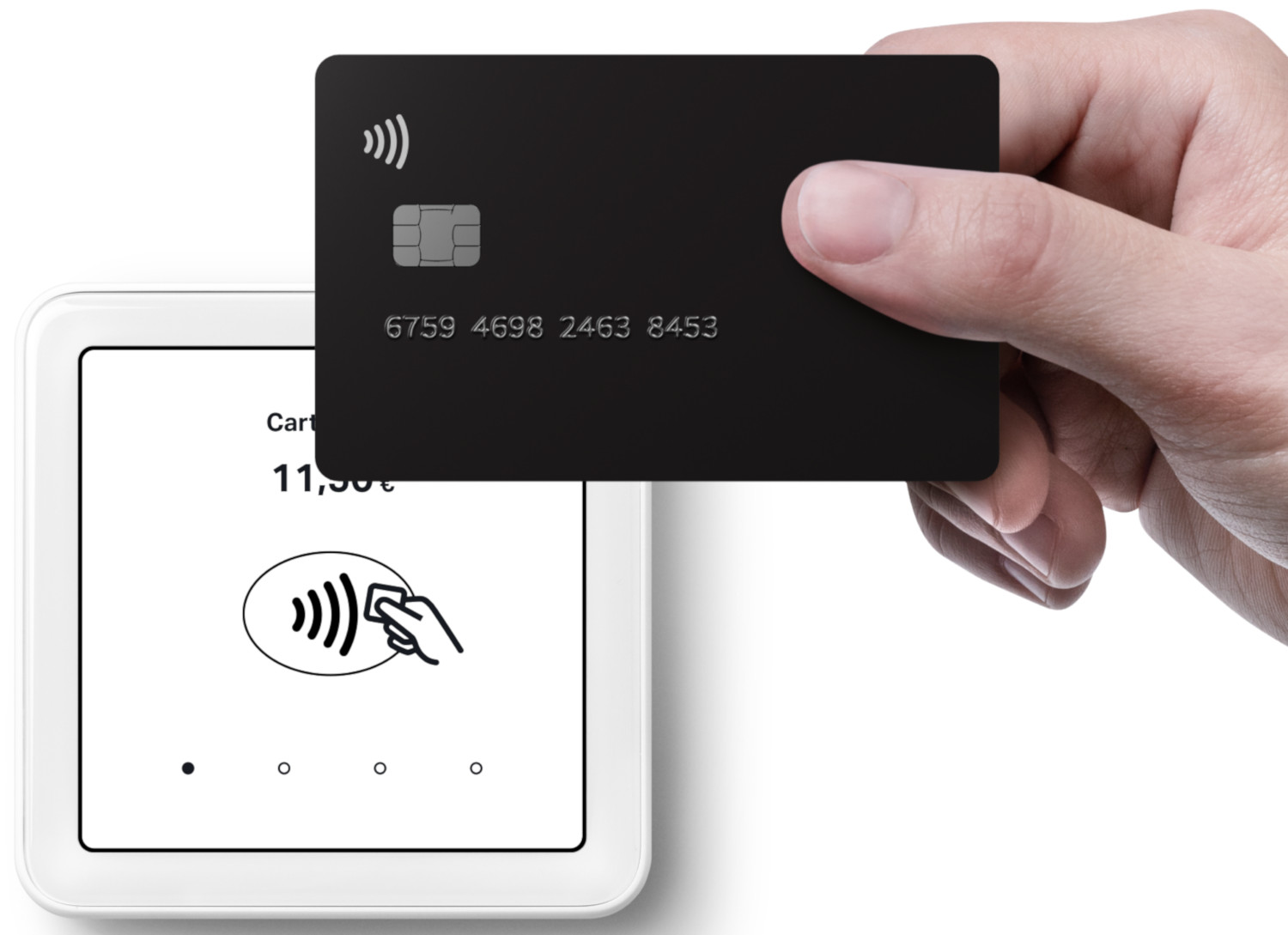 Main tenant une carte de crédit noire au-dessus d'un terminal de paiement. Fond blanc, symbole de paiement sans contact.