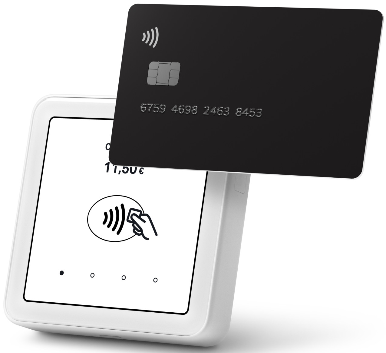 Une carte de crédit noire au-dessus d'un lecteur de carte blanc avec un écran et des chiffres.