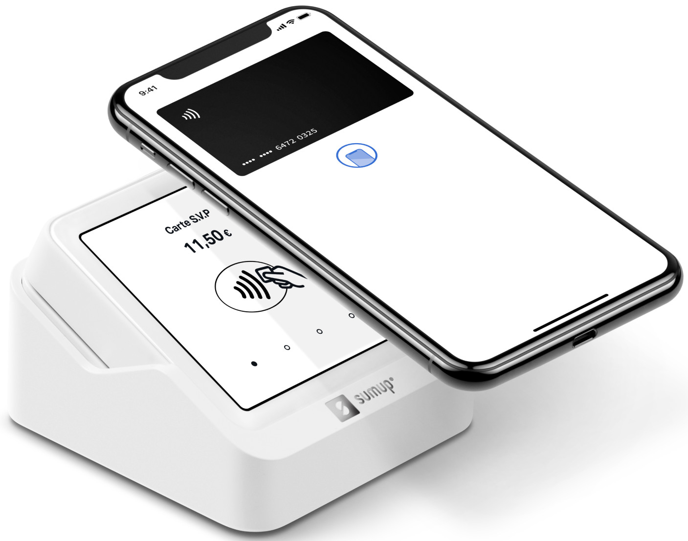 Un téléphone est tenu au-dessus d'un lecteur de carte blanc, affichant un écran de paiement.