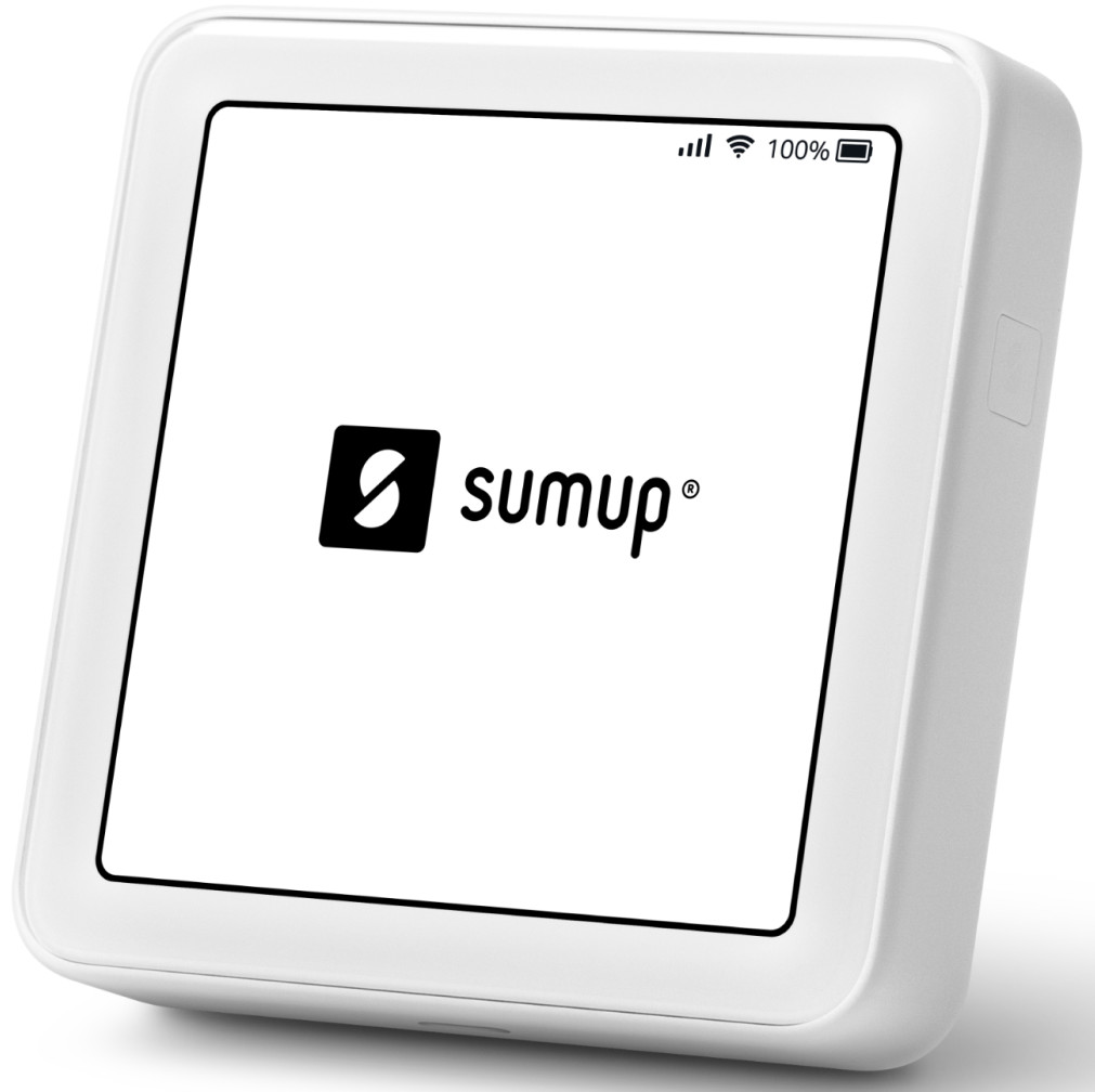 Lecteur de carte SumUp blanc avec le logo SumUp et un indicateur de batterie pleine.