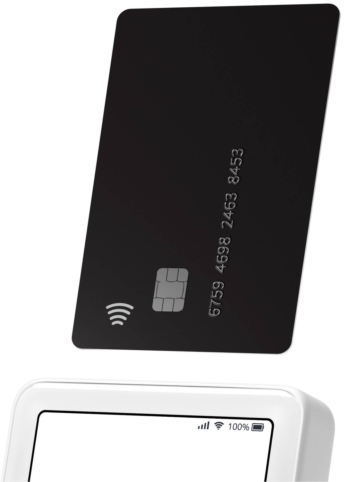 Carte de crédit noire au-dessus d'un terminal de paiement blanc.