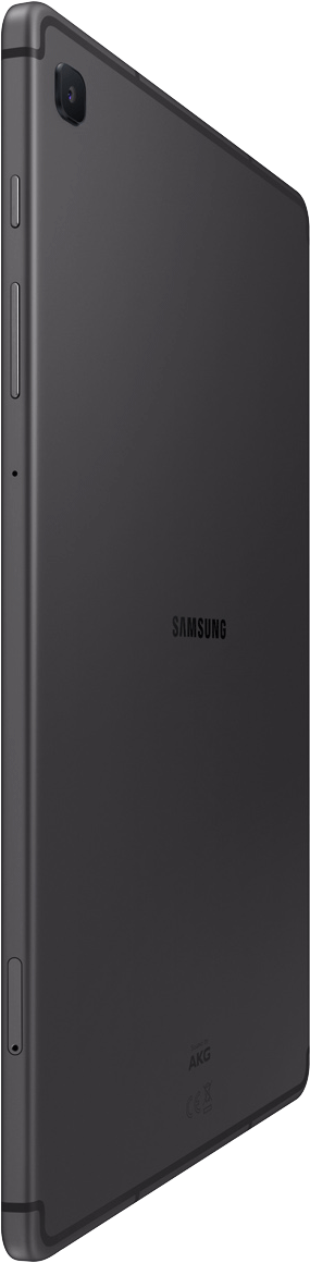 Een donkergrijze Samsung-tablet, in profiel getoond, met een camera en het Samsung-logo zichtbaar.