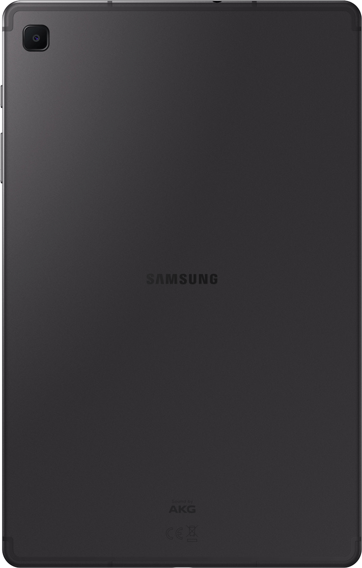 Achterkant van een donkere Samsung tablet met camera linksboven en logo.