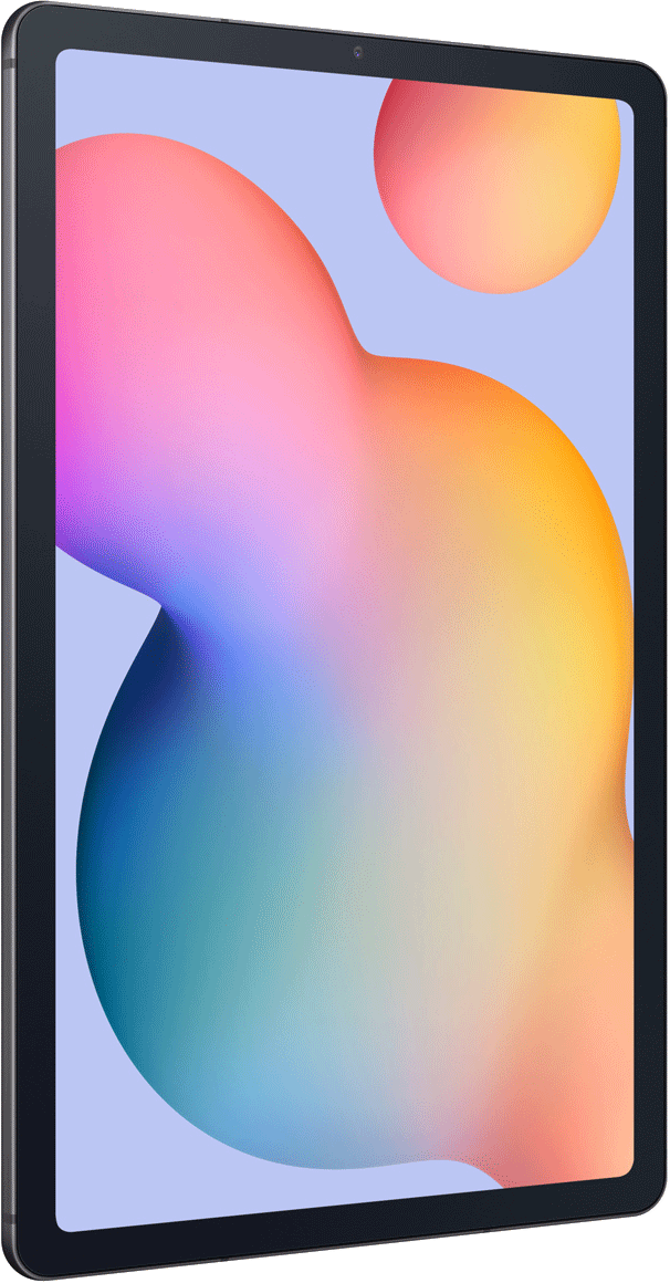 Een donkere tablet met een kleurrijke abstracte achtergrond met ronde vormen.