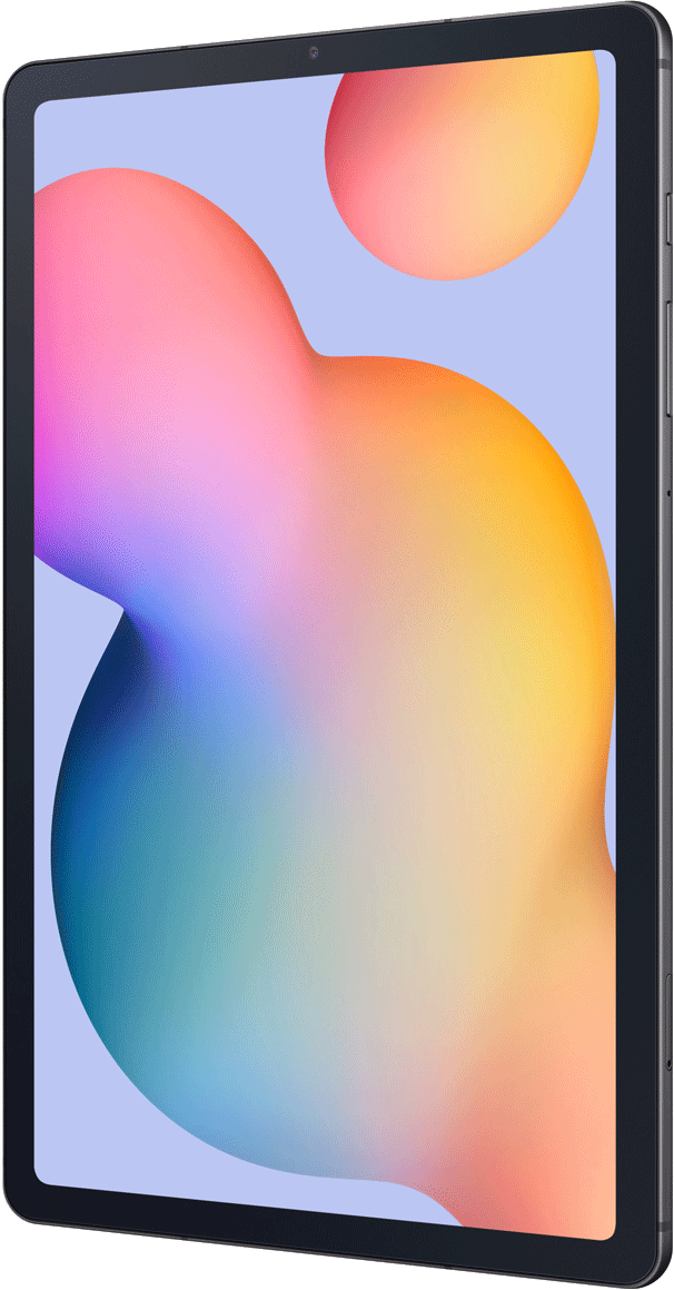 Een donkere tablet met een kleurrijke, zachte achtergrondafbeelding.
