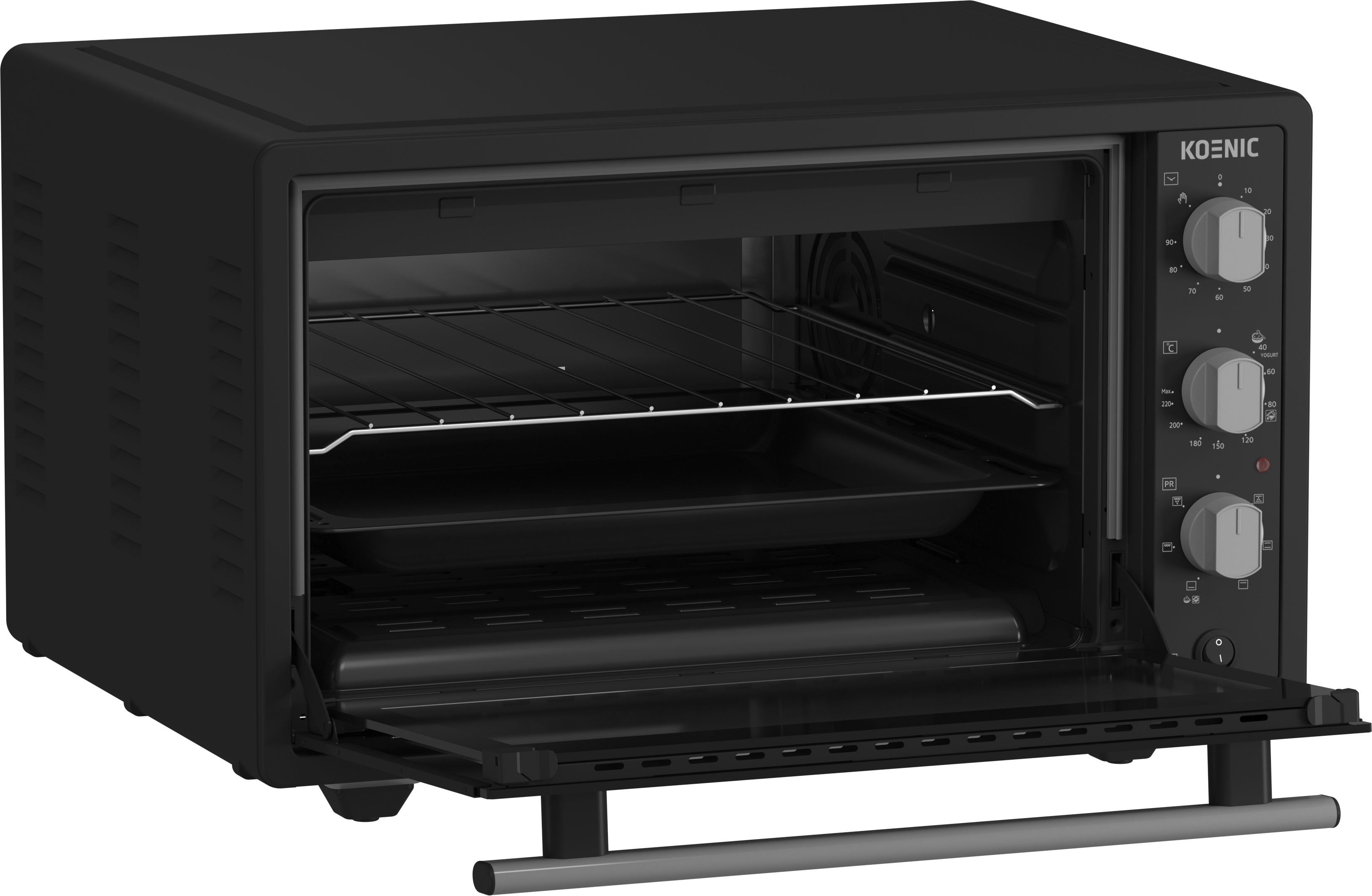 Four Koenic noir, porte ouverte, avec grilles et plaque visibles, commandes à droite.