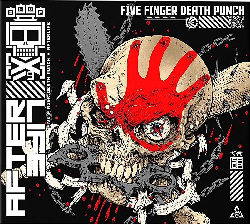 Album borító koponyával, piros festékkel ellátott kézzel és lánccal. A cím 'Five Finger Death Punch'.