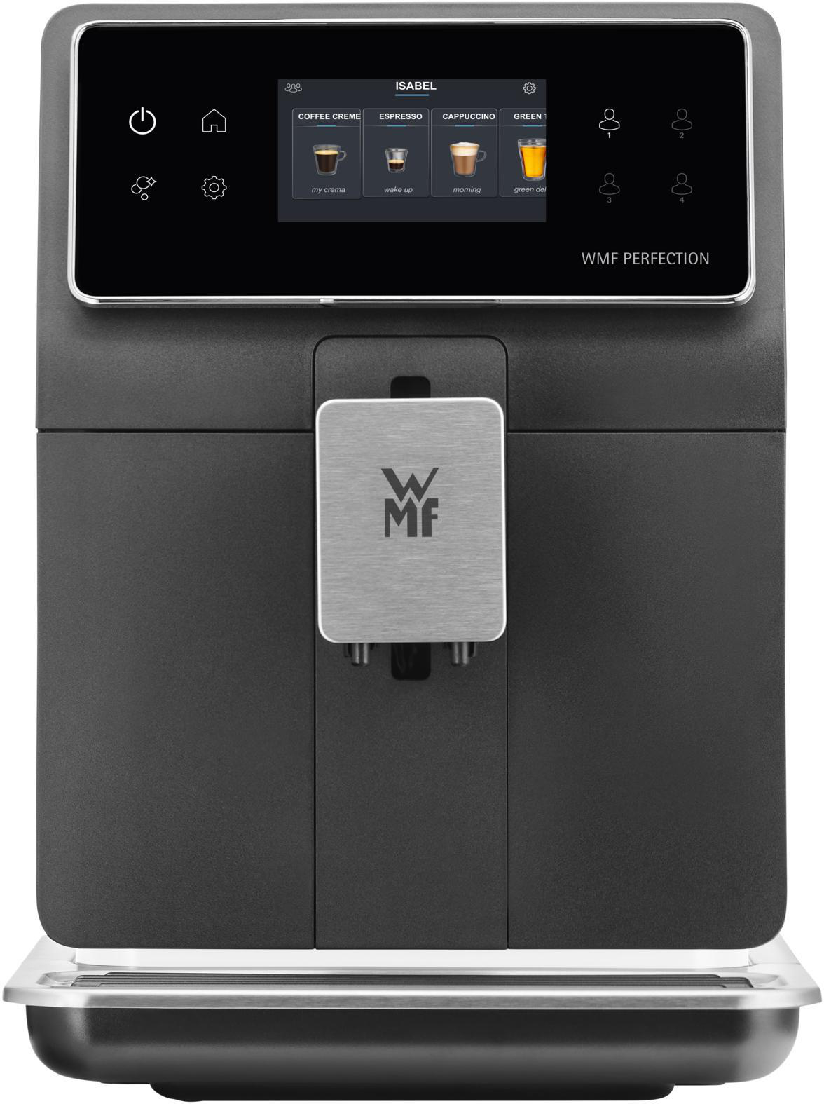 Eine schwarze Kaffeemaschine mit Touchscreen und Metallplatte.