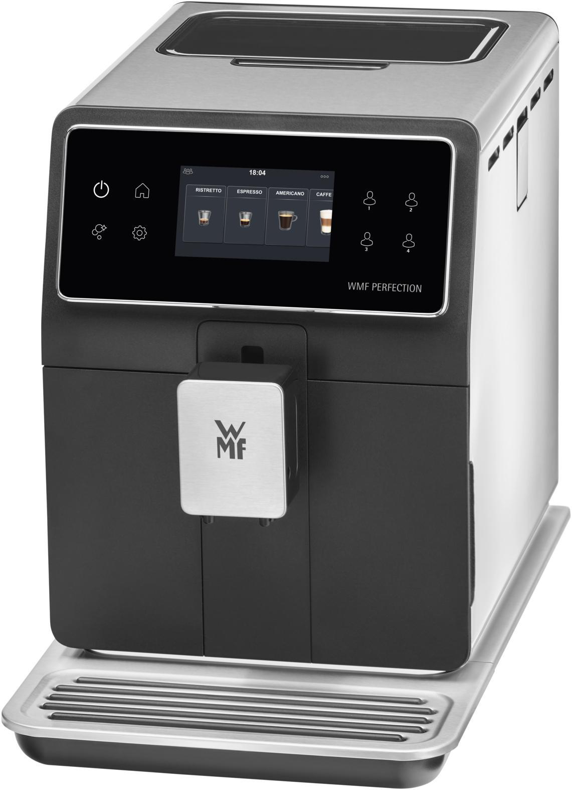 Schwarz-silberne Kaffeemaschine mit Touchscreen-Display.