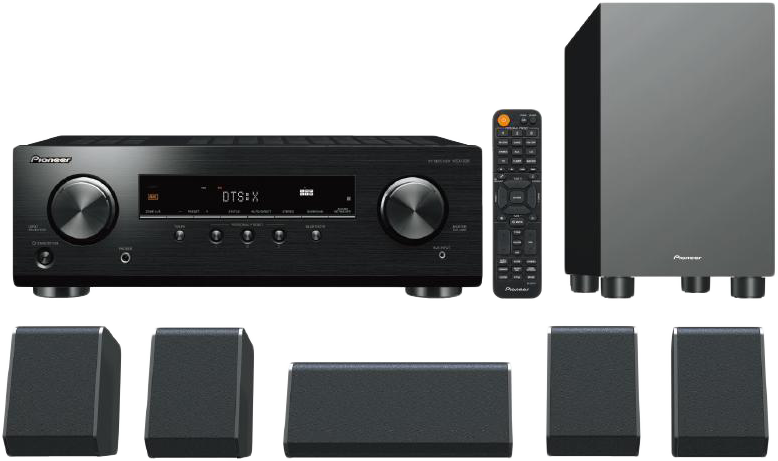Fekete Pioneer audiorendszer egy vevővel, távirányítóval, mélynyomóval és öt hangszóróval.