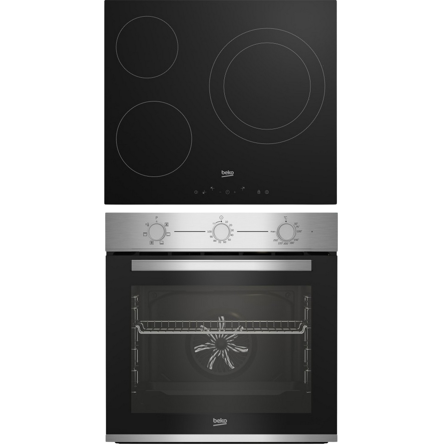 Pack Horno + Encimera - Beko BBSE12120XD, Vitrocerámica, 3 zonas, Negro + Horno Multifunción, 72 l, Inox