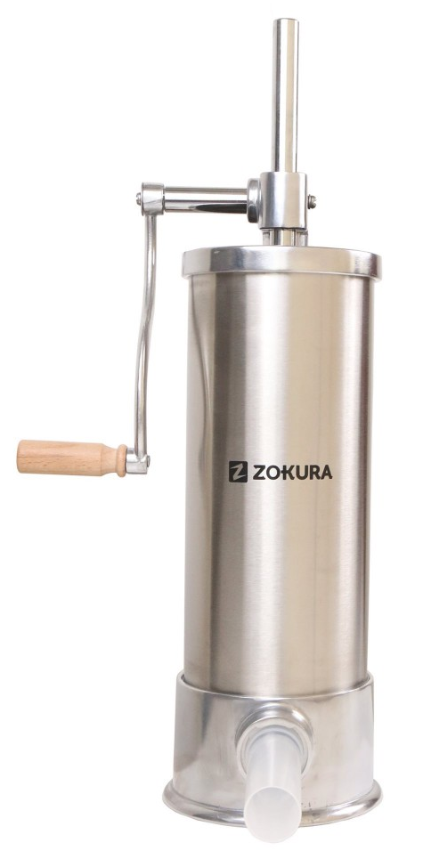 Rozsdamentes acél kolbászkészítő, hajtókar, fogantyú, fehér háttér, Zokura logó.