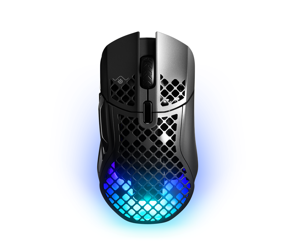 Petek tasarımlı siyah oyun faresi. Mavi ve mor ışıklarla aydınlatılmış.