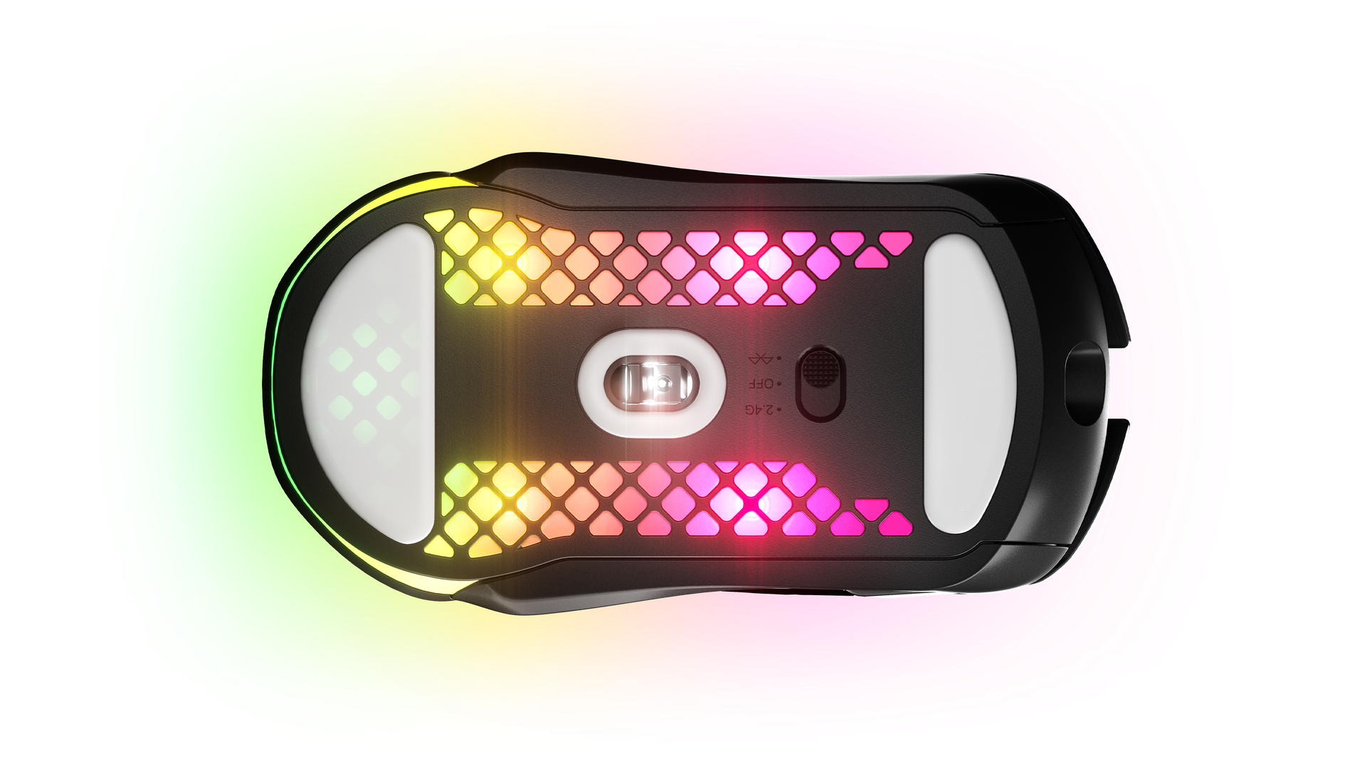 Renkli aydınlatmaya ve siyah tabana sahip bir oyun faresinin yukarıdan görünümü.