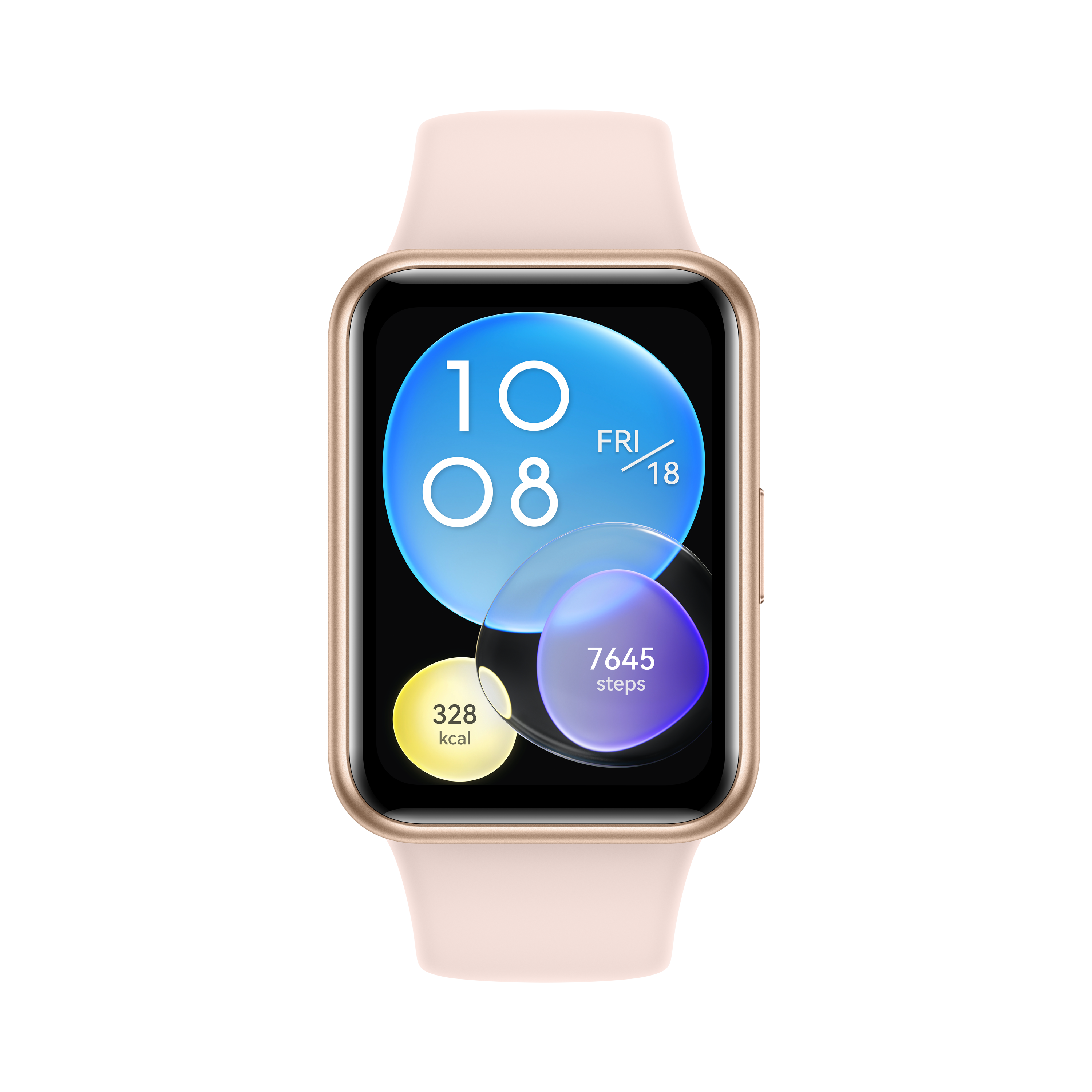 Un reloj inteligente oro rosa muestra la hora, la fecha, los pasos y un rastreador de actividad física. Fondo negro.