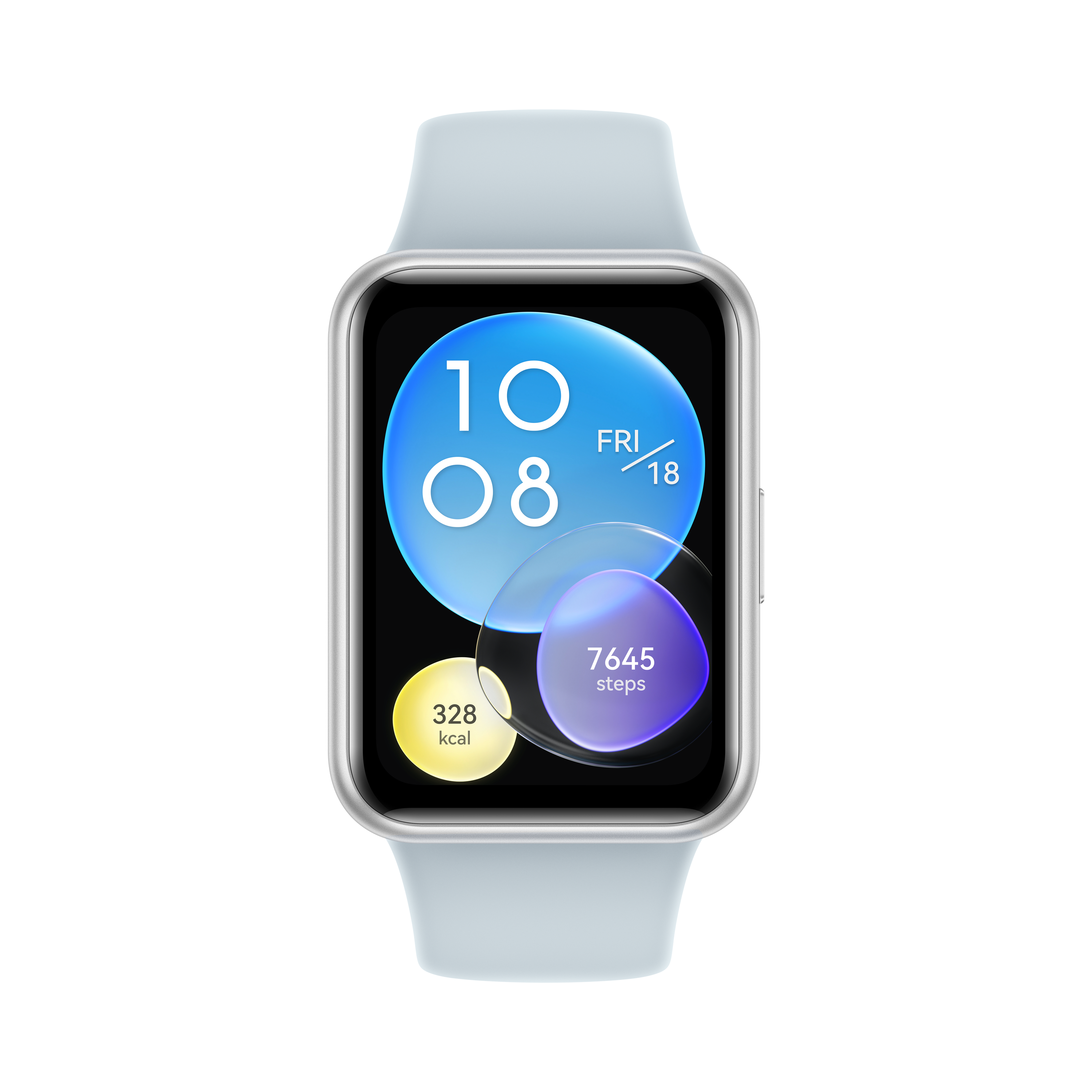 Un reloj inteligente azul claro que muestra la fecha, la hora y las métricas de salud.